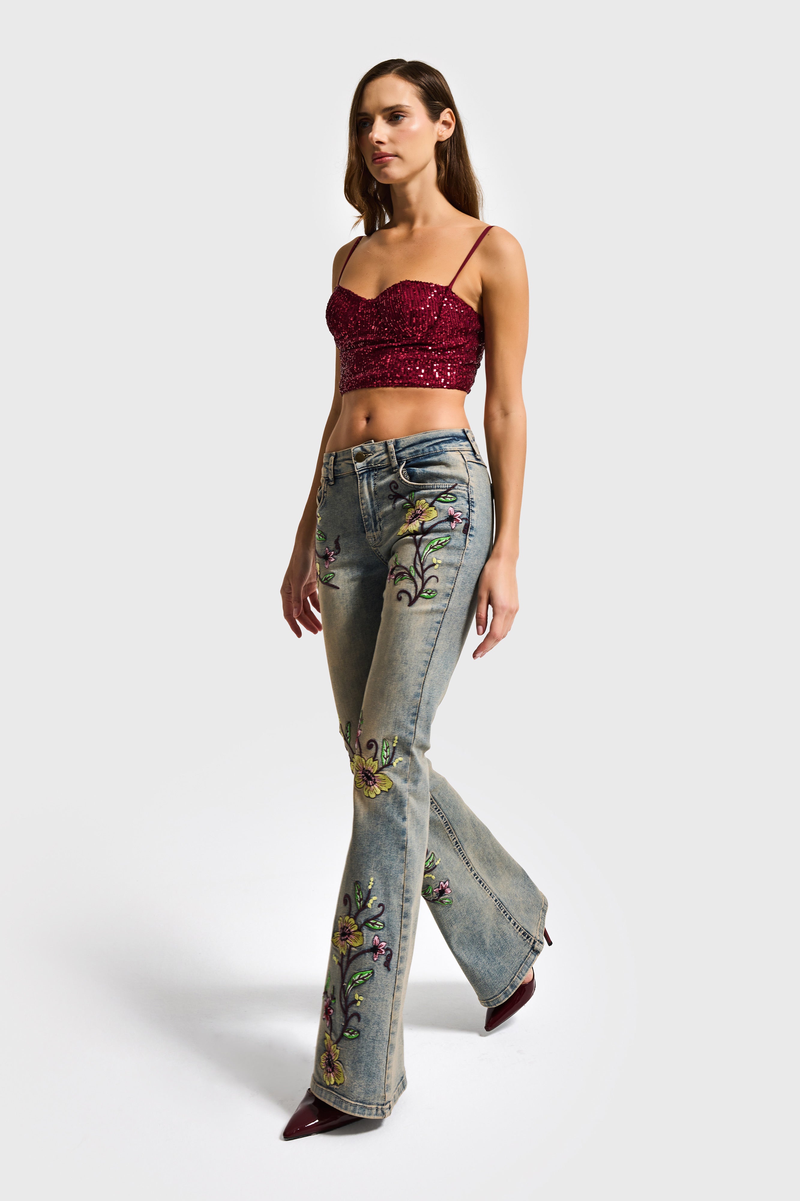 Kadın T.Kot Rengi 4s6-91 Midrise Flare Fit Özel Nakış Desenli Elastan Kumaş Denim Jean