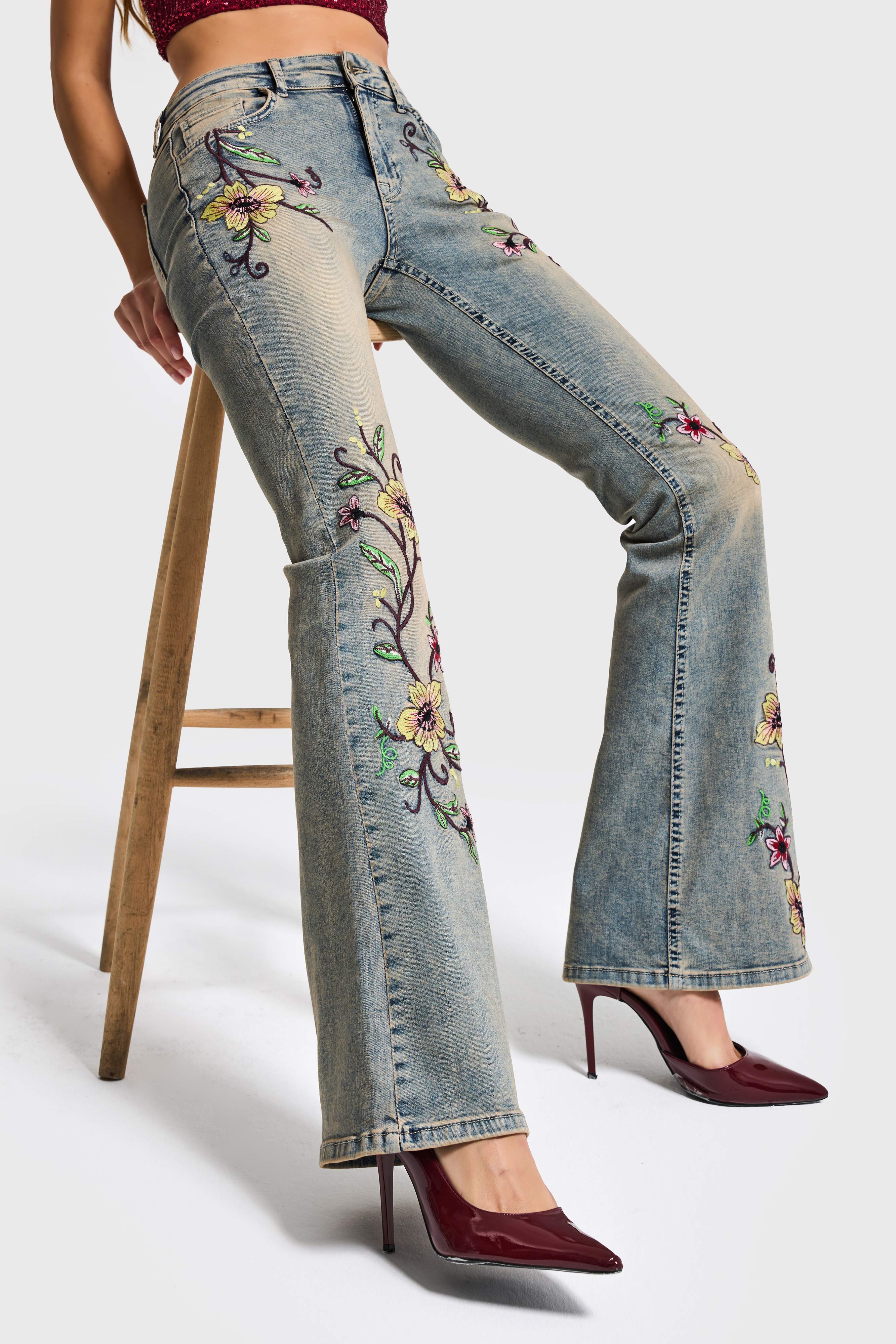 Kadın T.Kot Rengi 4s6-91 Midrise Flare Fit Özel Nakış Desenli Elastan Kumaş Denim Jean