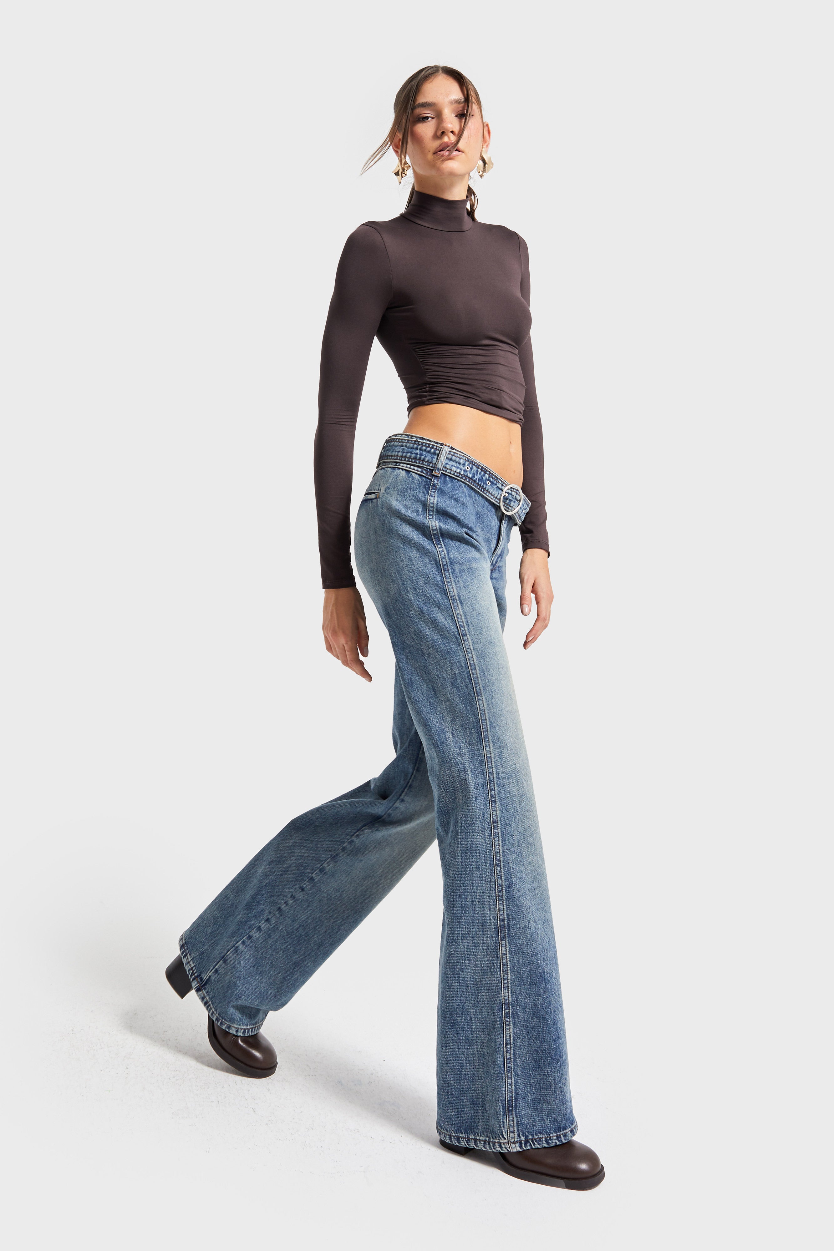 Kadın T.Kot Rengi 4w5-32 Flare Fit Midrise Orta Bel Viskon Kumaş Kemer Detaylı Özel Tasarım Denim Jean