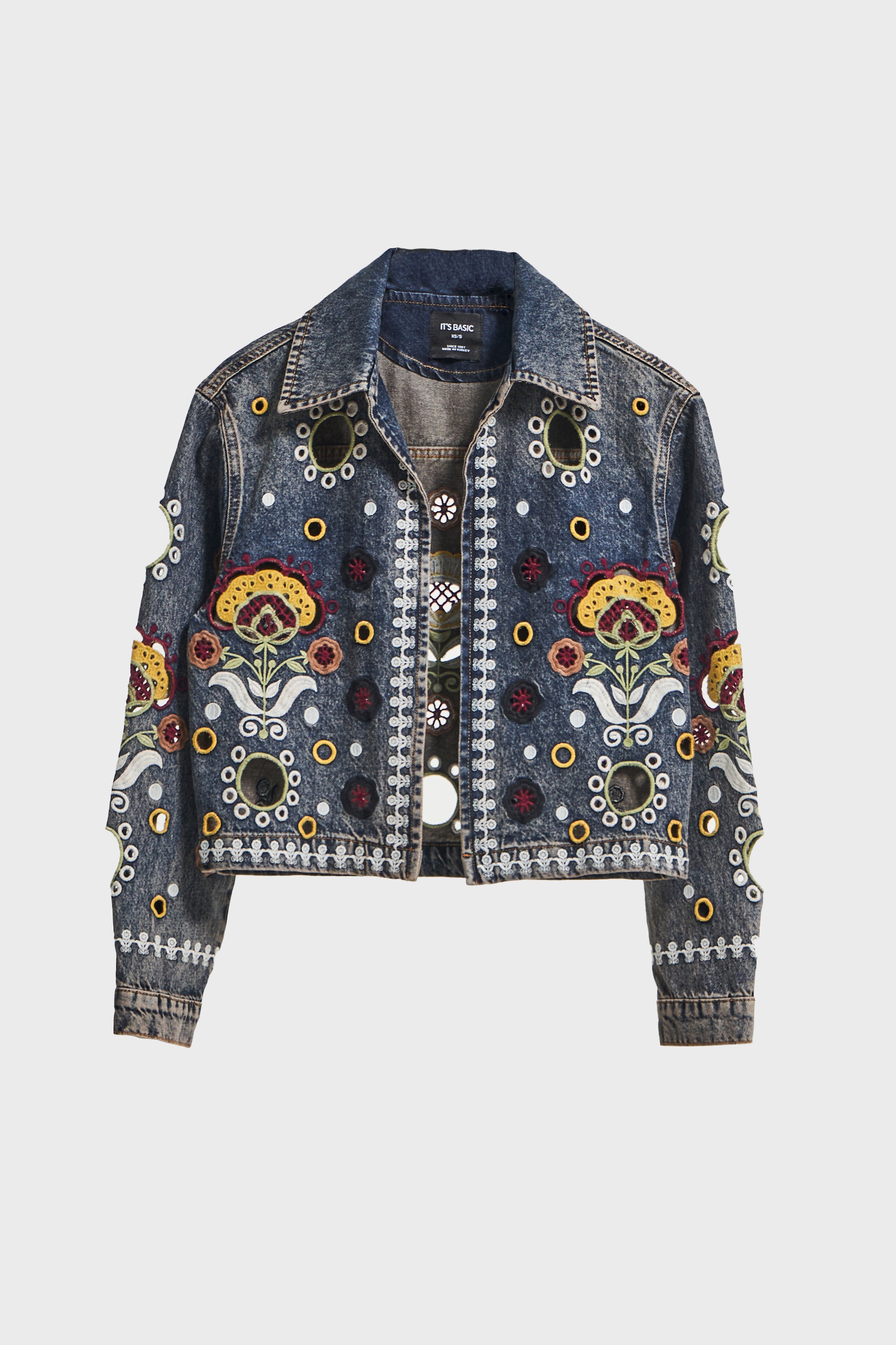 Kadın T.Kot Rengi 4w5-8 Özel Desen Çiçek Nakışlı %100 Koton Denim Ceket