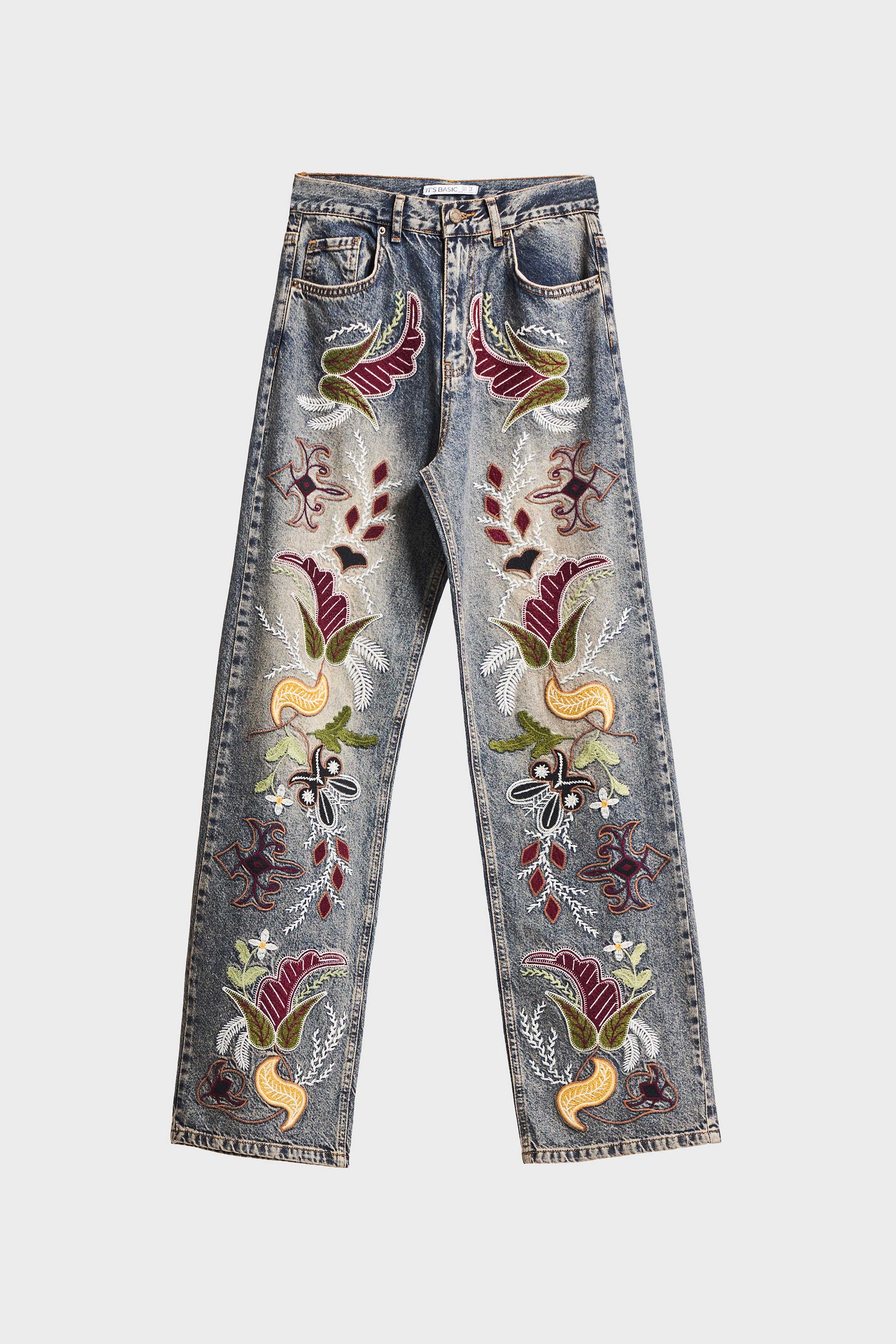 Kadın T.Kot Rengi 4w5-9 Loose Fit Egzotik Çiçek Nakışlı İç Boy 80cm Özel Tasarım Denim Jean