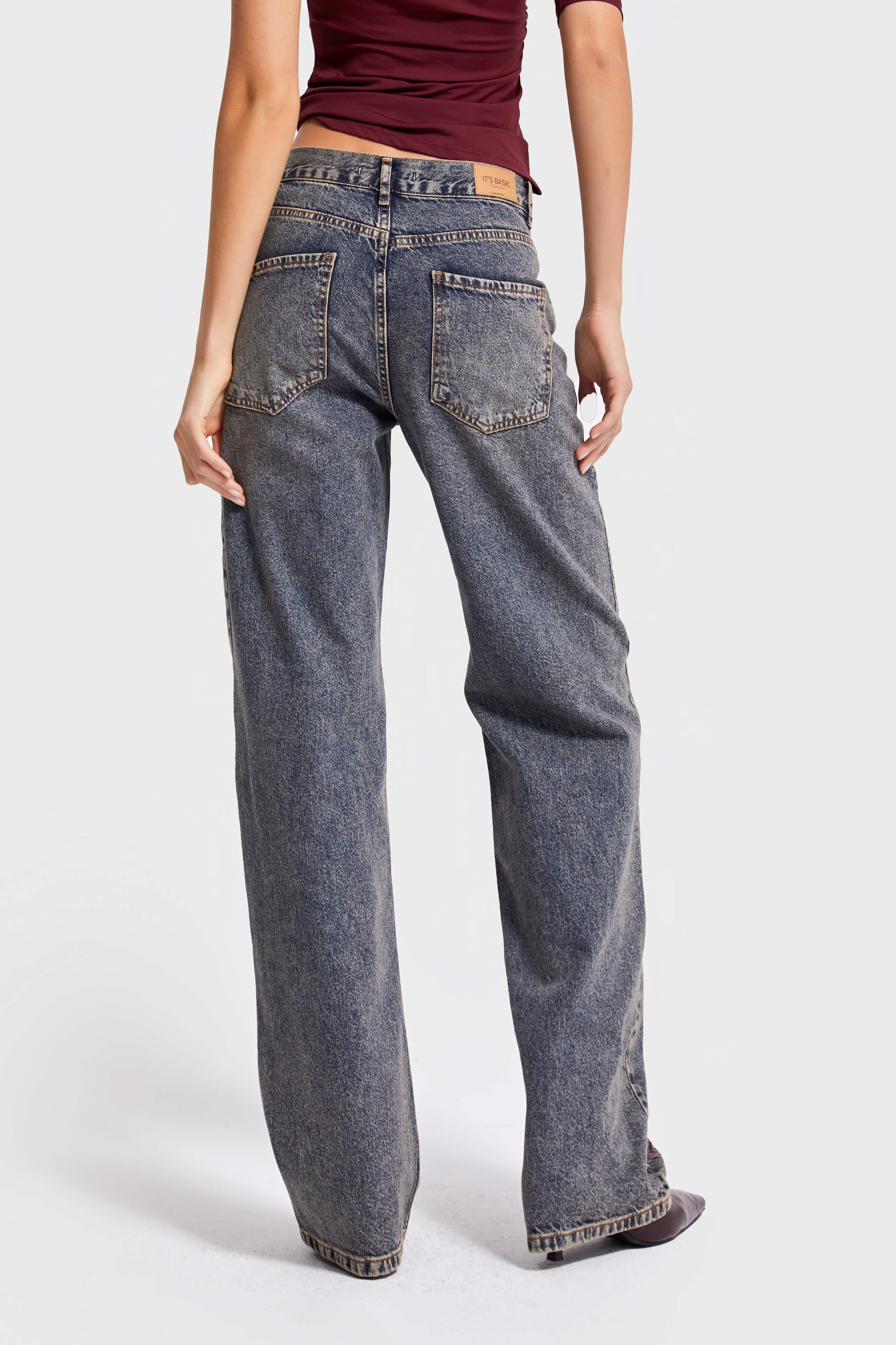 Kadın T.Kot Rengi 4w5-9 Loose Fit Egzotik Çiçek Nakışlı İç Boy 80cm Özel Tasarım Denim Jean