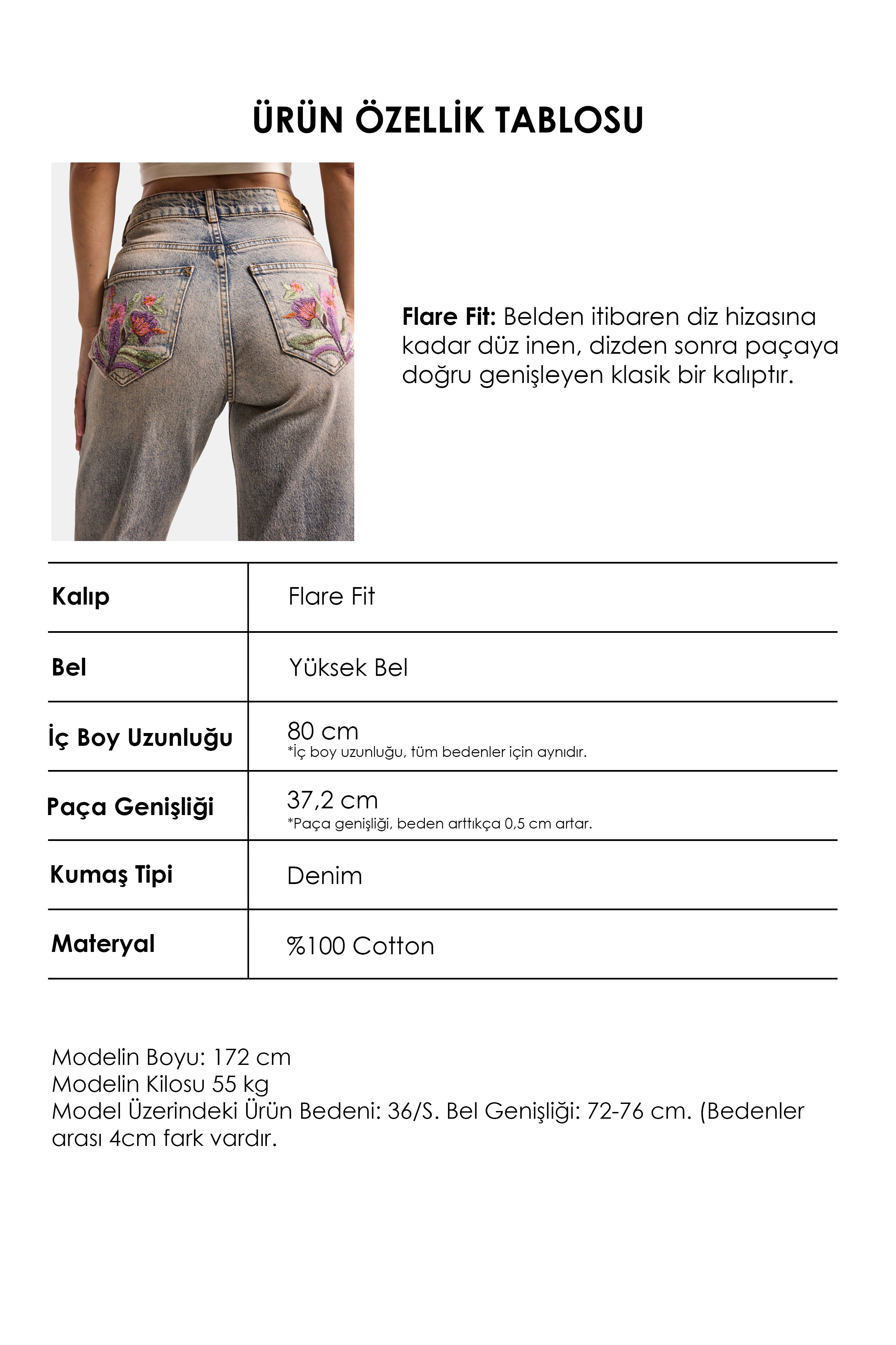 Kadın T.Kot Rengi 4w6-85 Flare Fit Nakış Tasarım Denim Jean