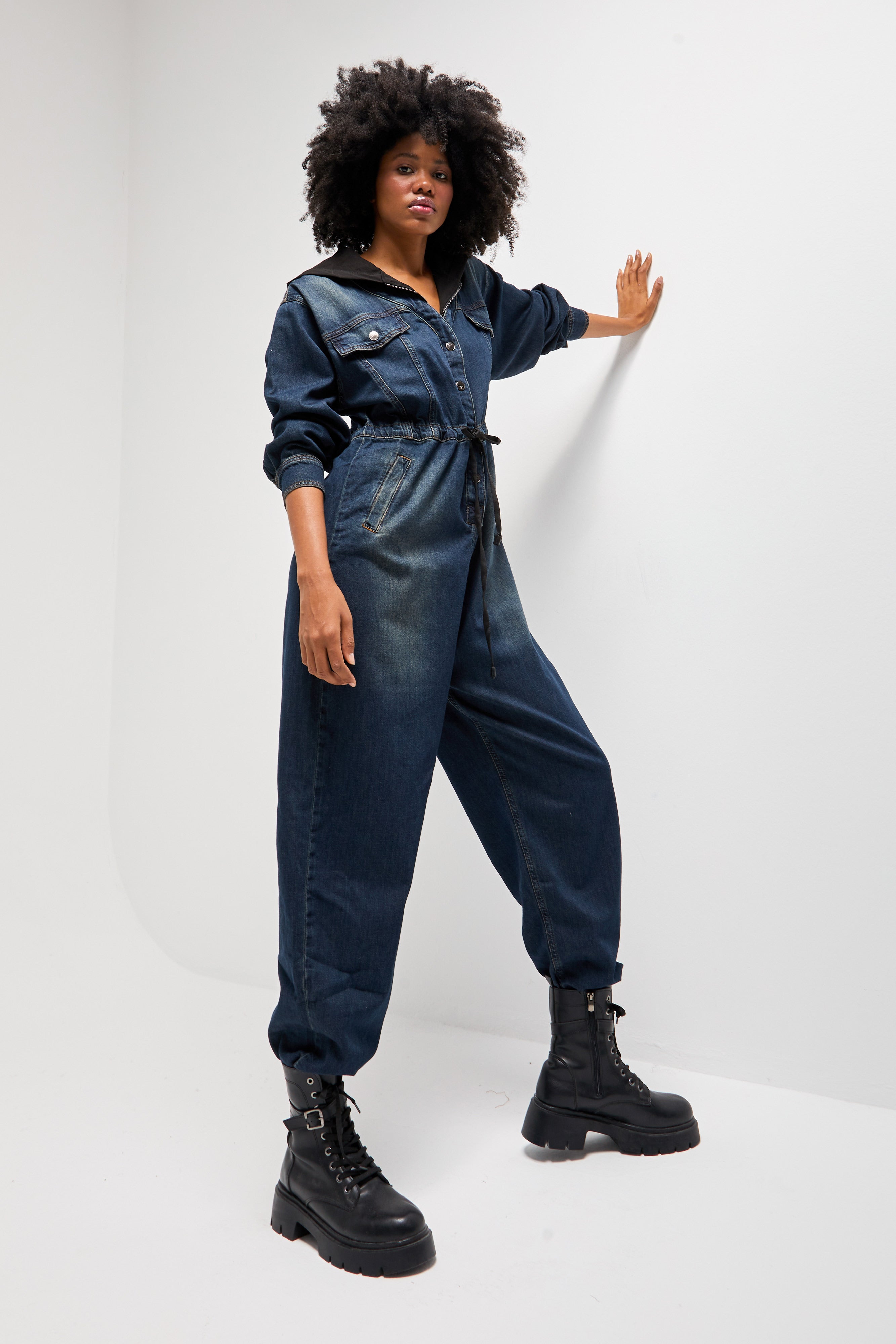 Kadın T.Kot Rengi Bol Kesim Kapişonlu Özel Tasarım Denim Tulum