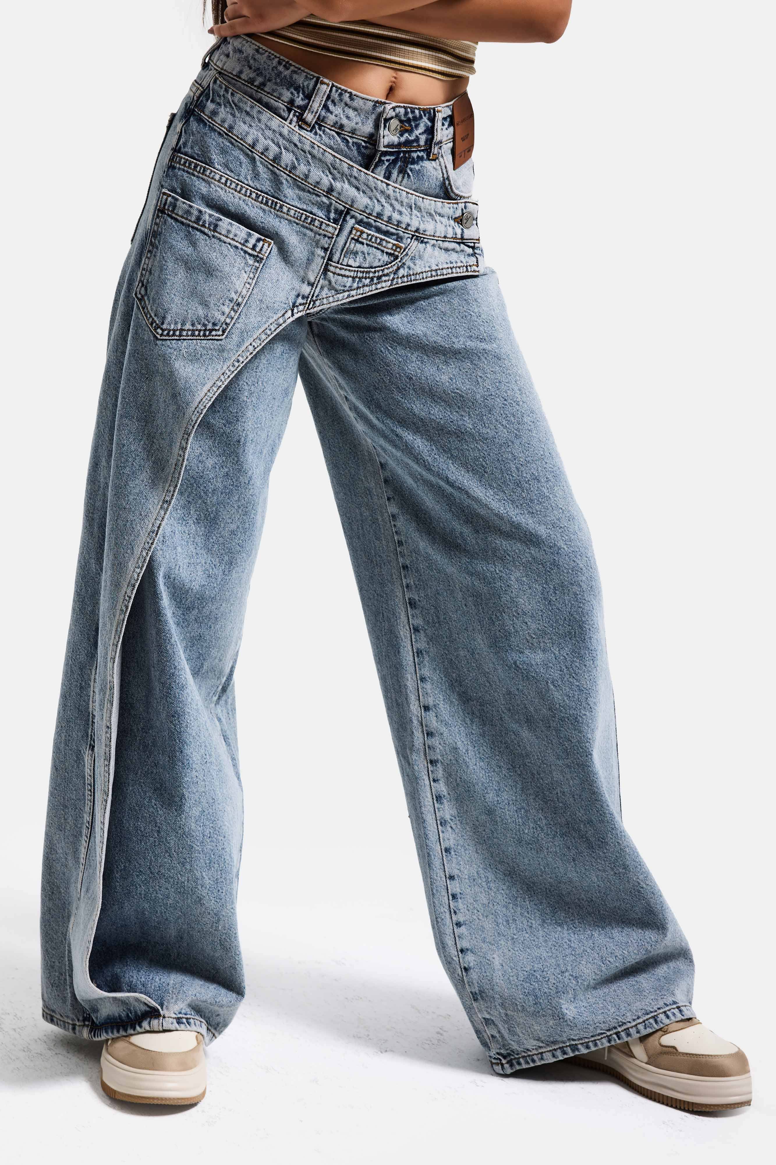 Kadın T.Kot Rengi Palazzo Fit Çift Kemer Detaylı Özel Tasarım Denim Jean