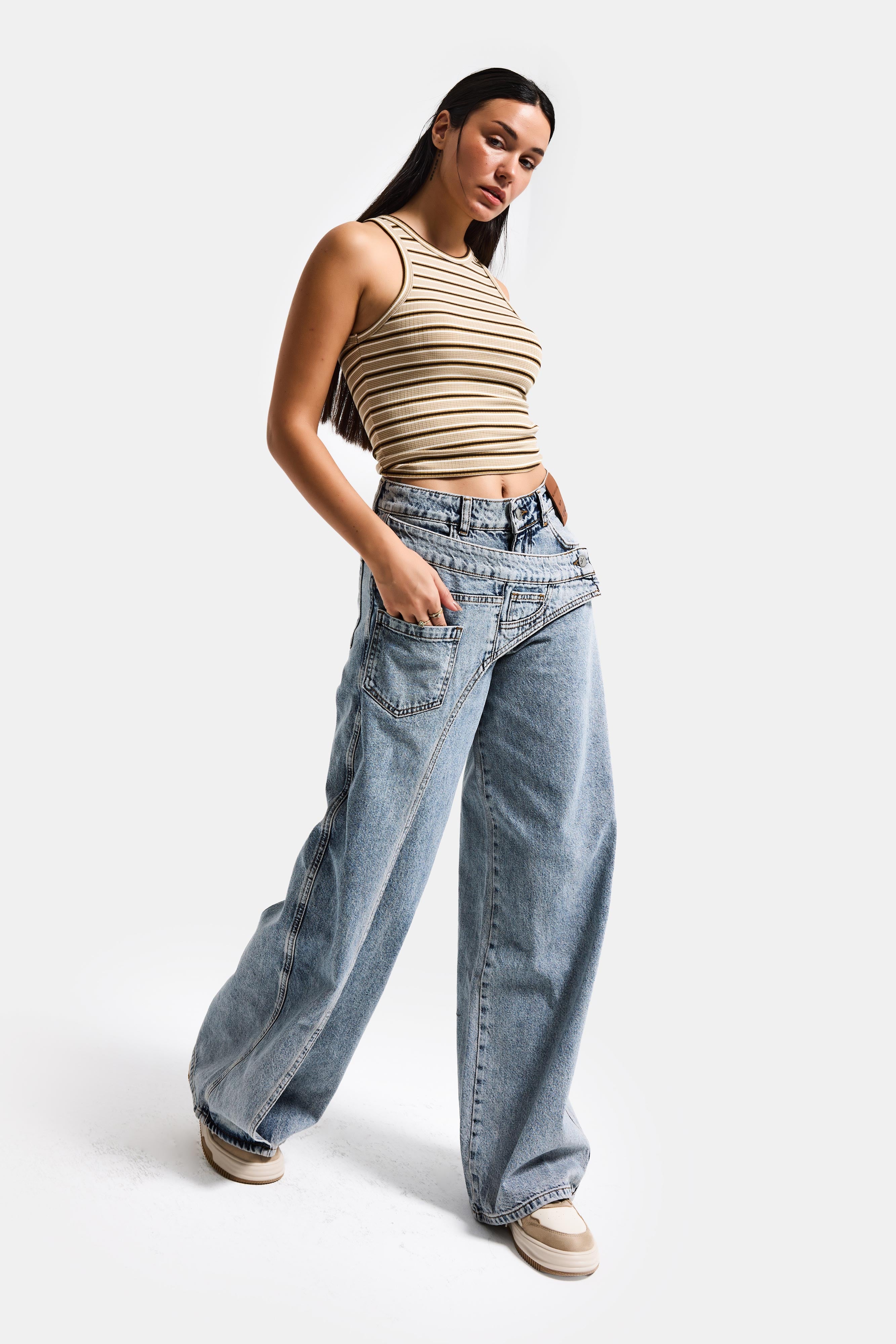 Kadın T.Kot Rengi Palazzo Fit Çift Kemer Detaylı Özel Tasarım Denim Jean