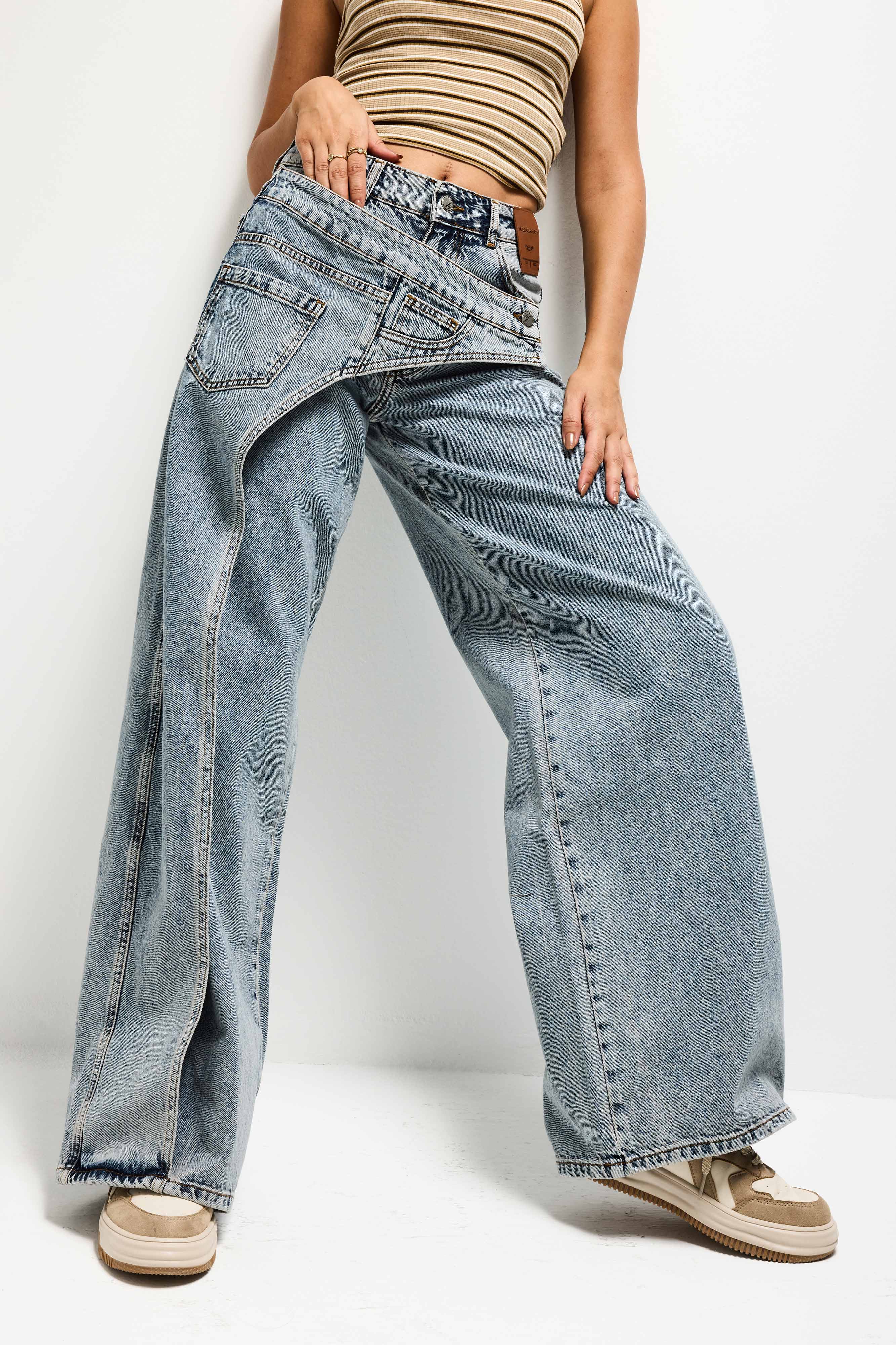 Kadın T.Kot Rengi Palazzo Fit Çift Kemer Detaylı Özel Tasarım Denim Jean