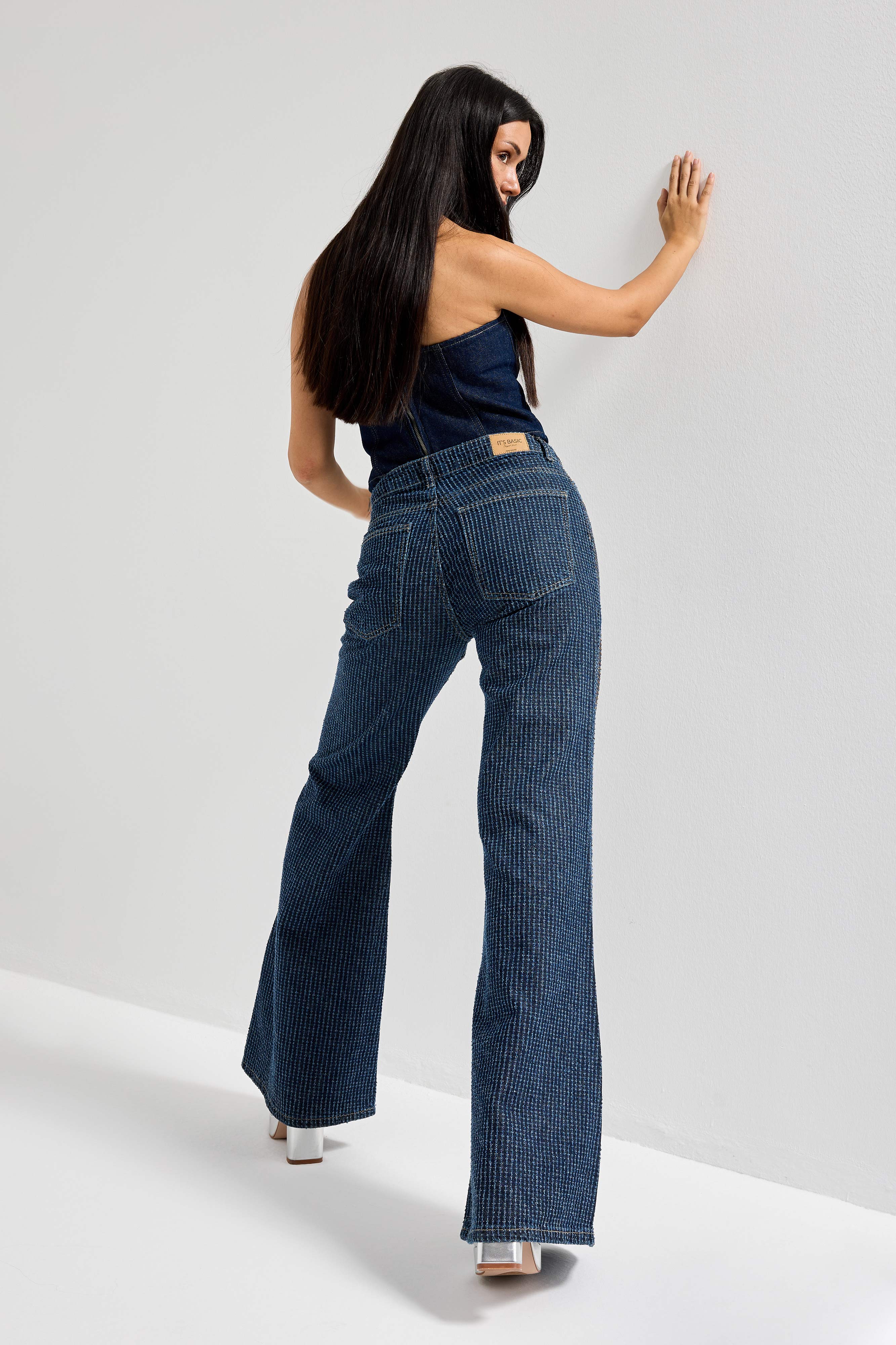 Kadın T.Kot Rengi T-1w5-7 Flare Fit Önü Parlak Taşlı Özel Tasarım Denim Jean