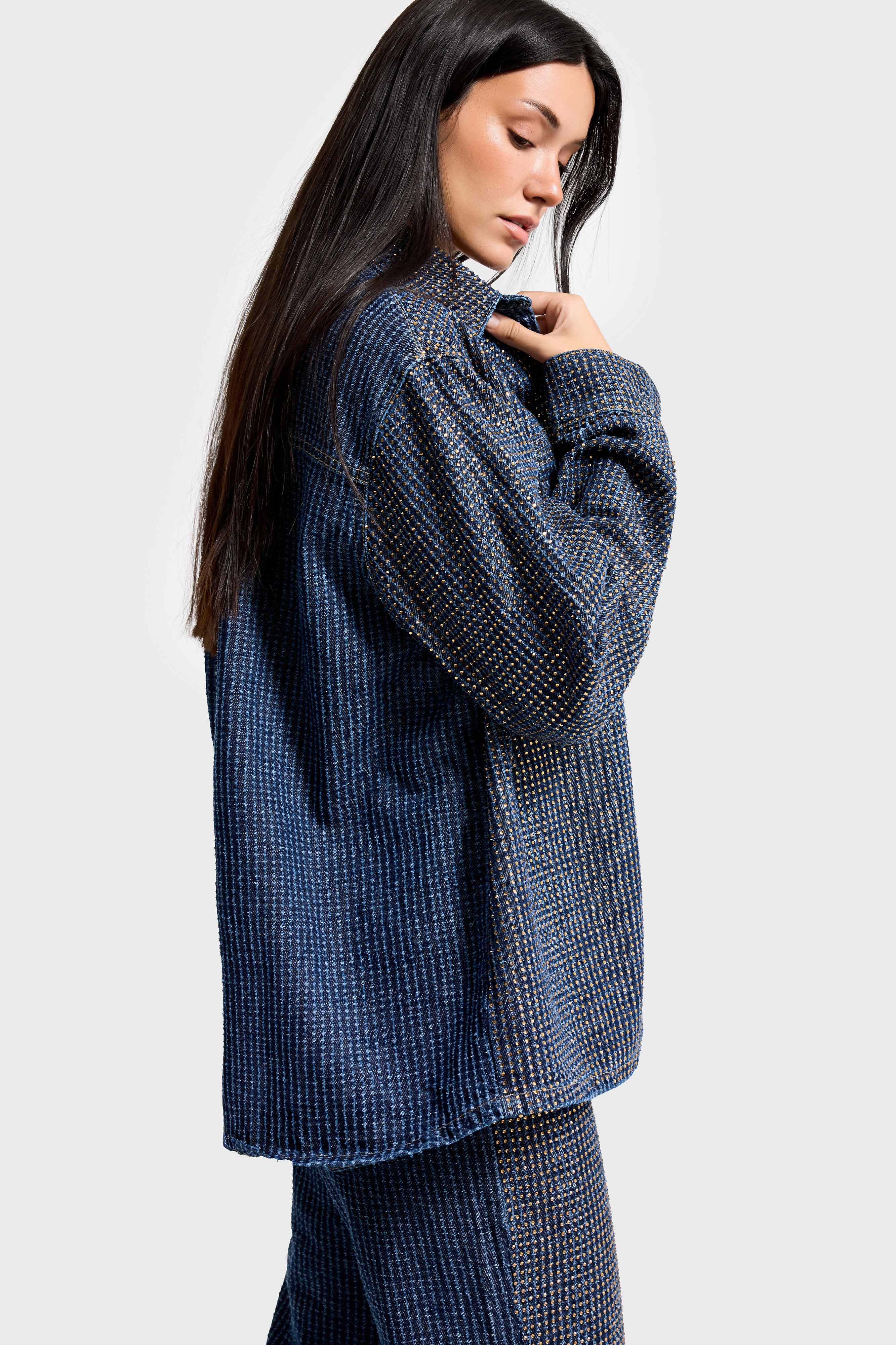 Kadın T.Kot Rengi T-1w5-7 Oversize Parlak Taşlı Özel Tasarım Denim Ceket