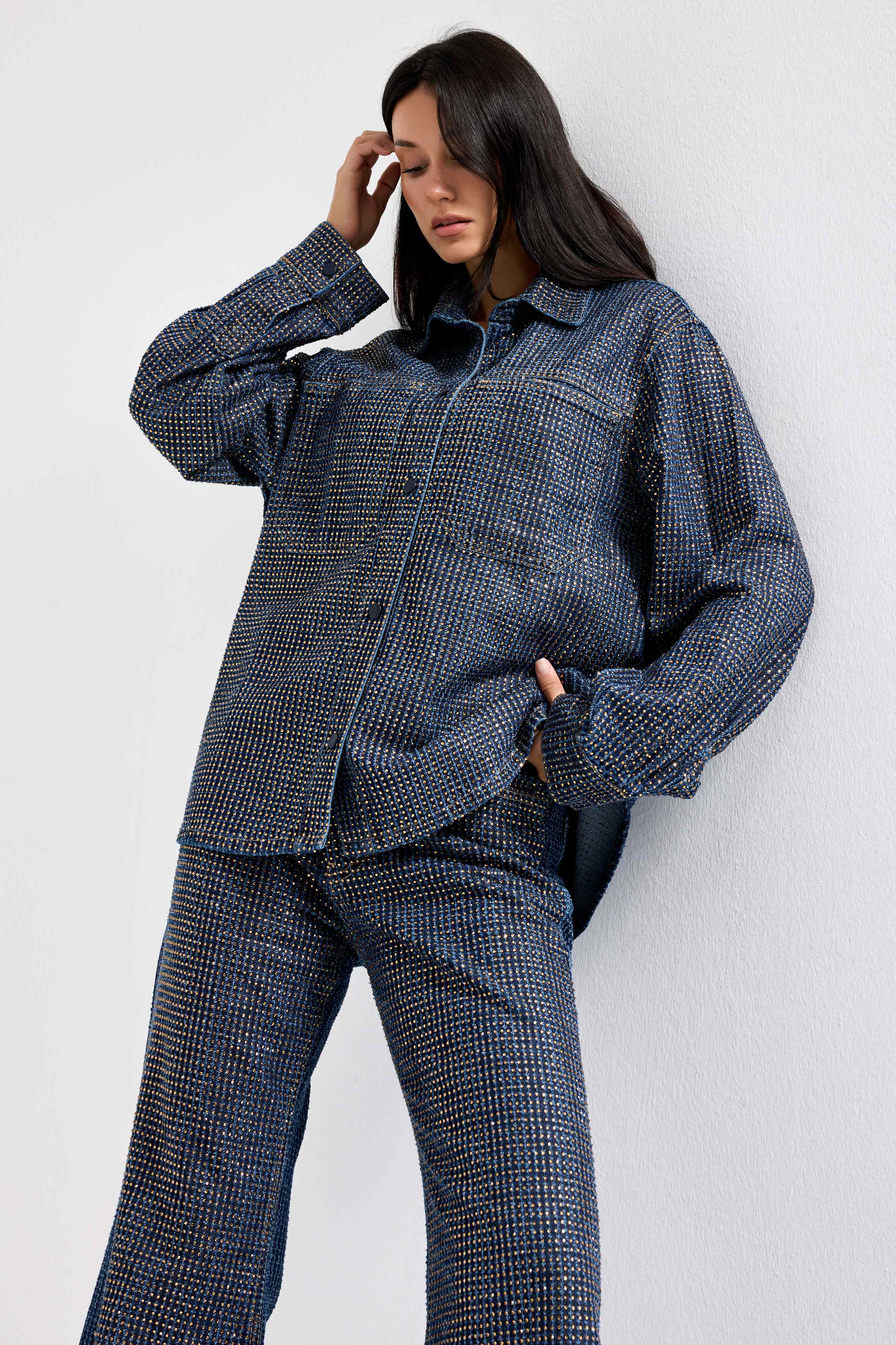 Kadın T.Kot Rengi T-1w5-7 Oversize Parlak Taşlı Özel Tasarım Denim Ceket