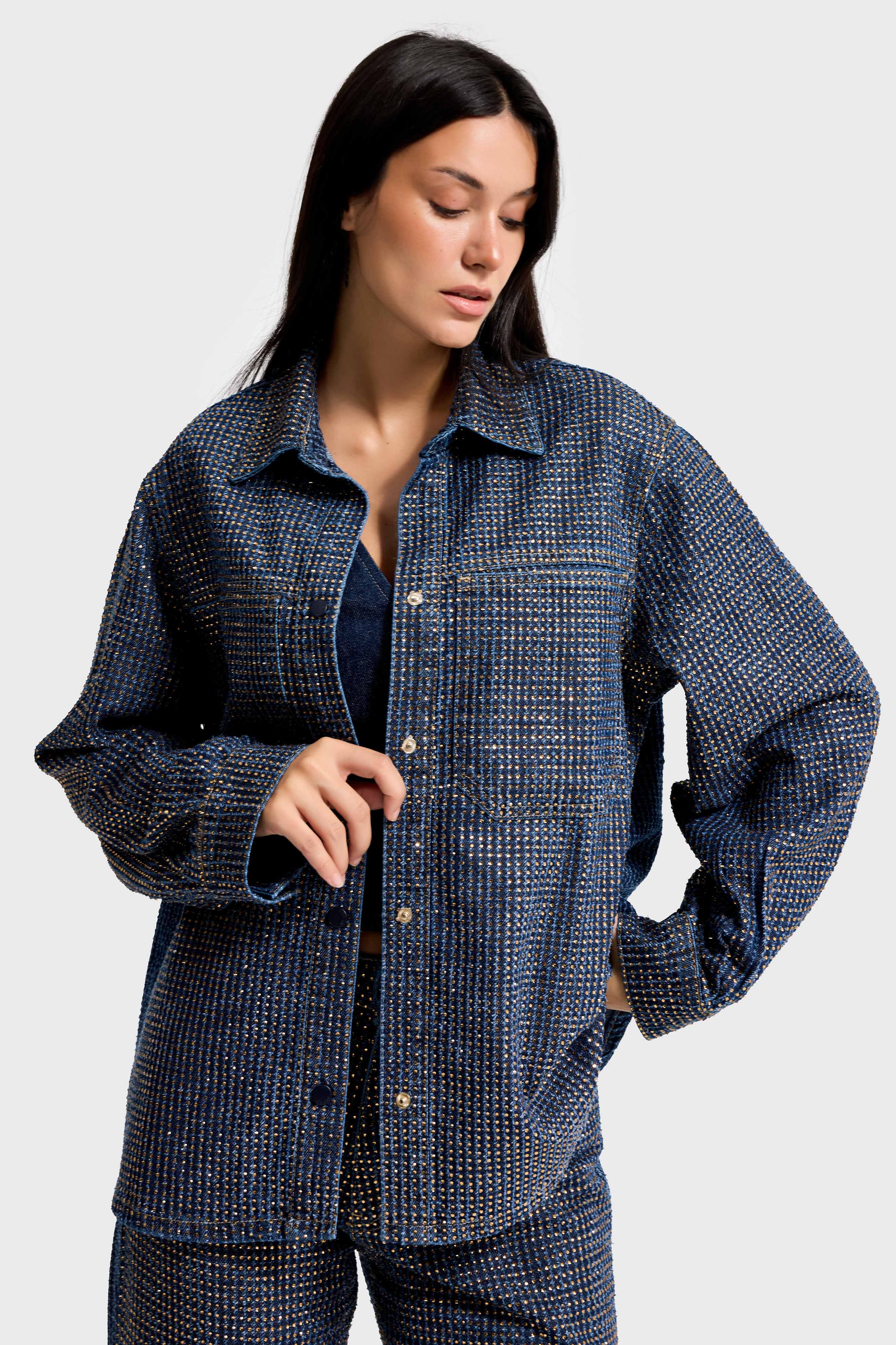 Kadın T.Kot Rengi T-1w5-7 Oversize Parlak Taşlı Özel Tasarım Denim Ceket