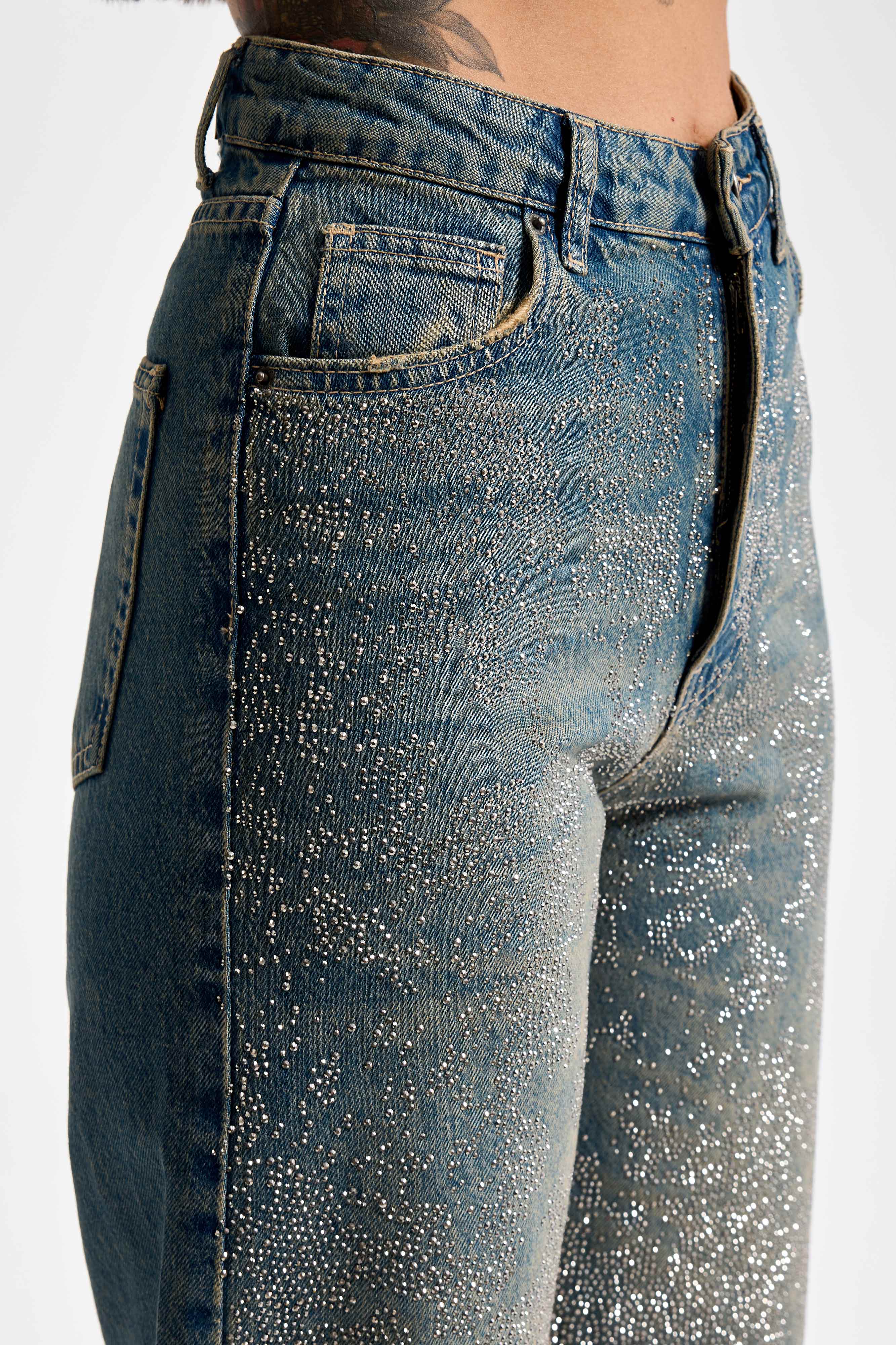 Kadın T.Kot Rengi T-2w5-8 Straight Fit Yüksek Bel Parlak Taşlı Özel Tasarım Denim Jean