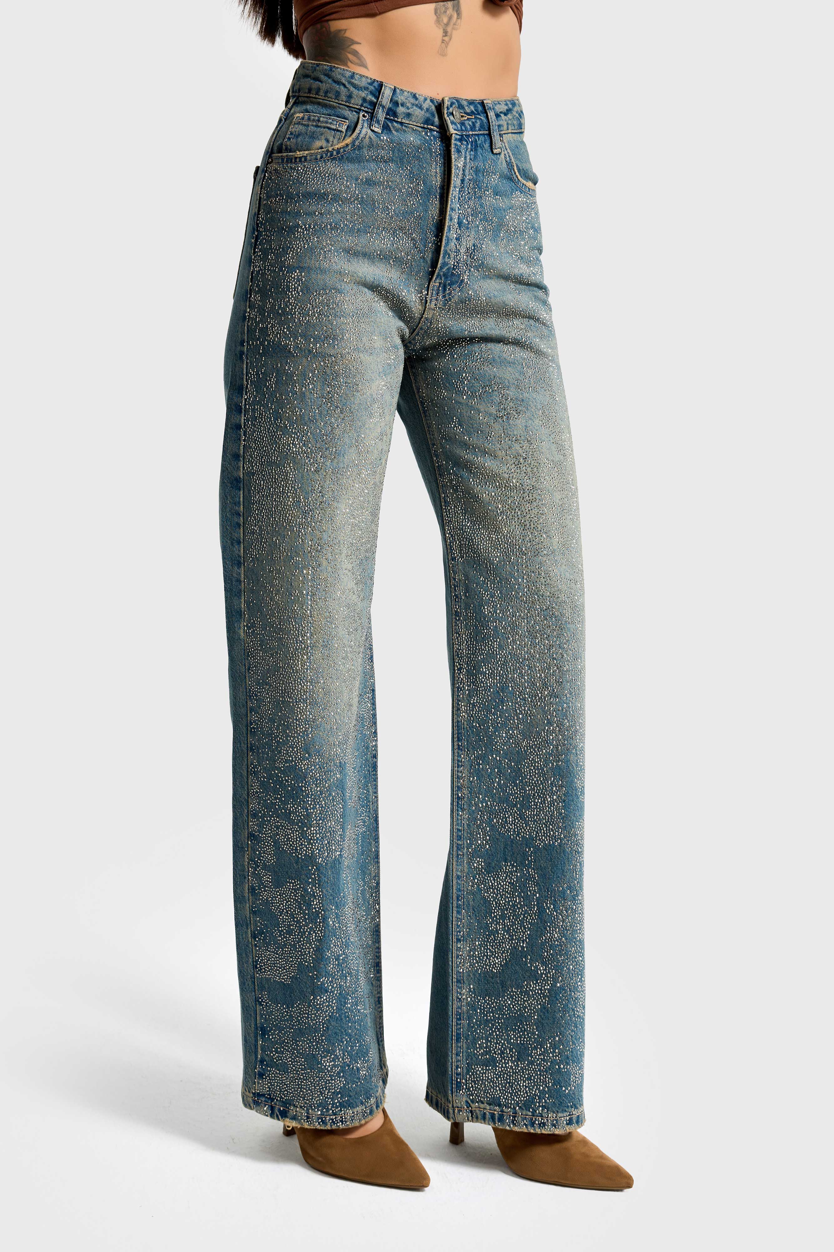 Kadın T.Kot Rengi T-2w5-8 Straight Fit Yüksek Bel Parlak Taşlı Özel Tasarım Denim Jean