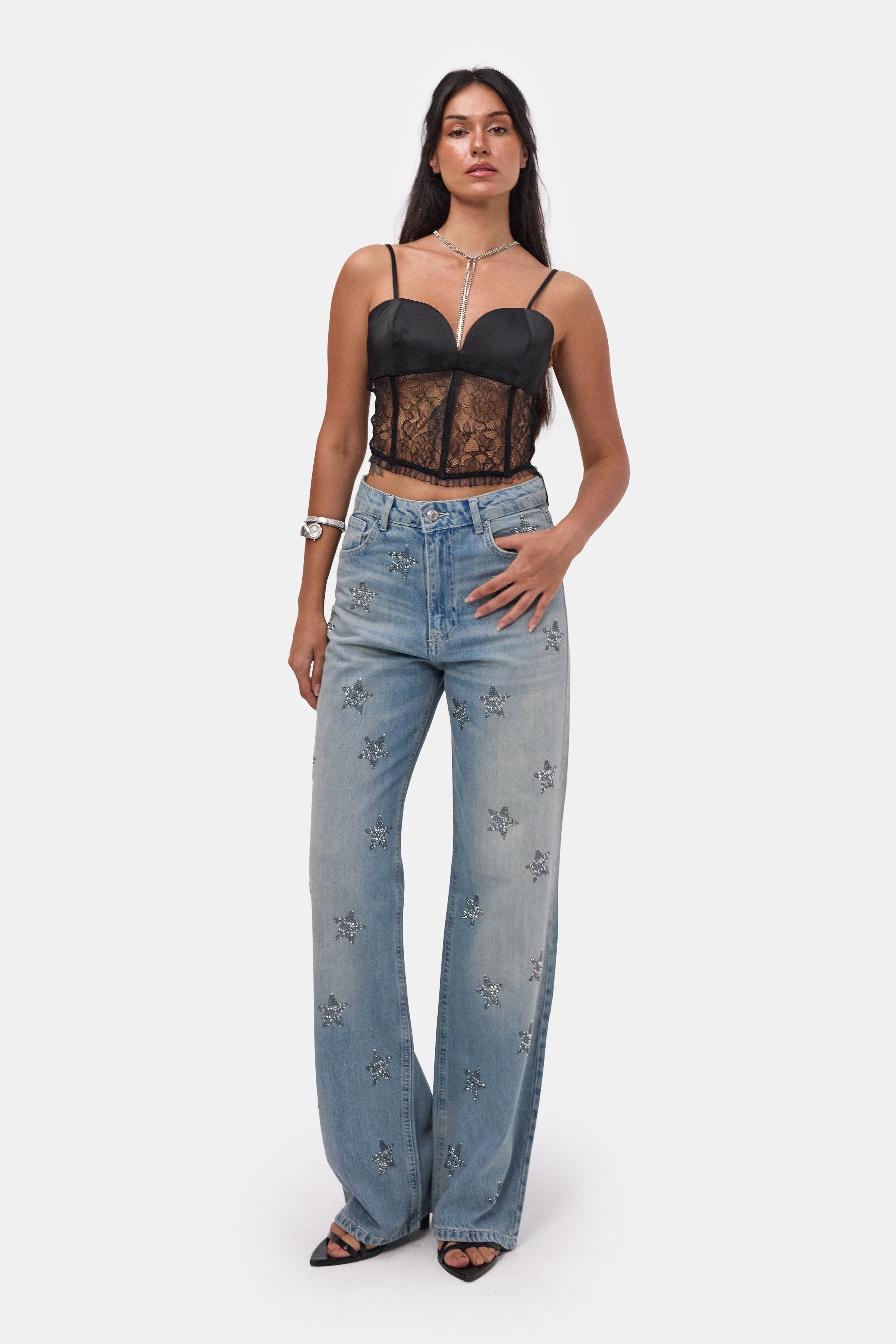 Kadın T.Kot Rengi T-4s6-32 Straight Fit Parlak Taşlı Özel Tasarım Denim Jean