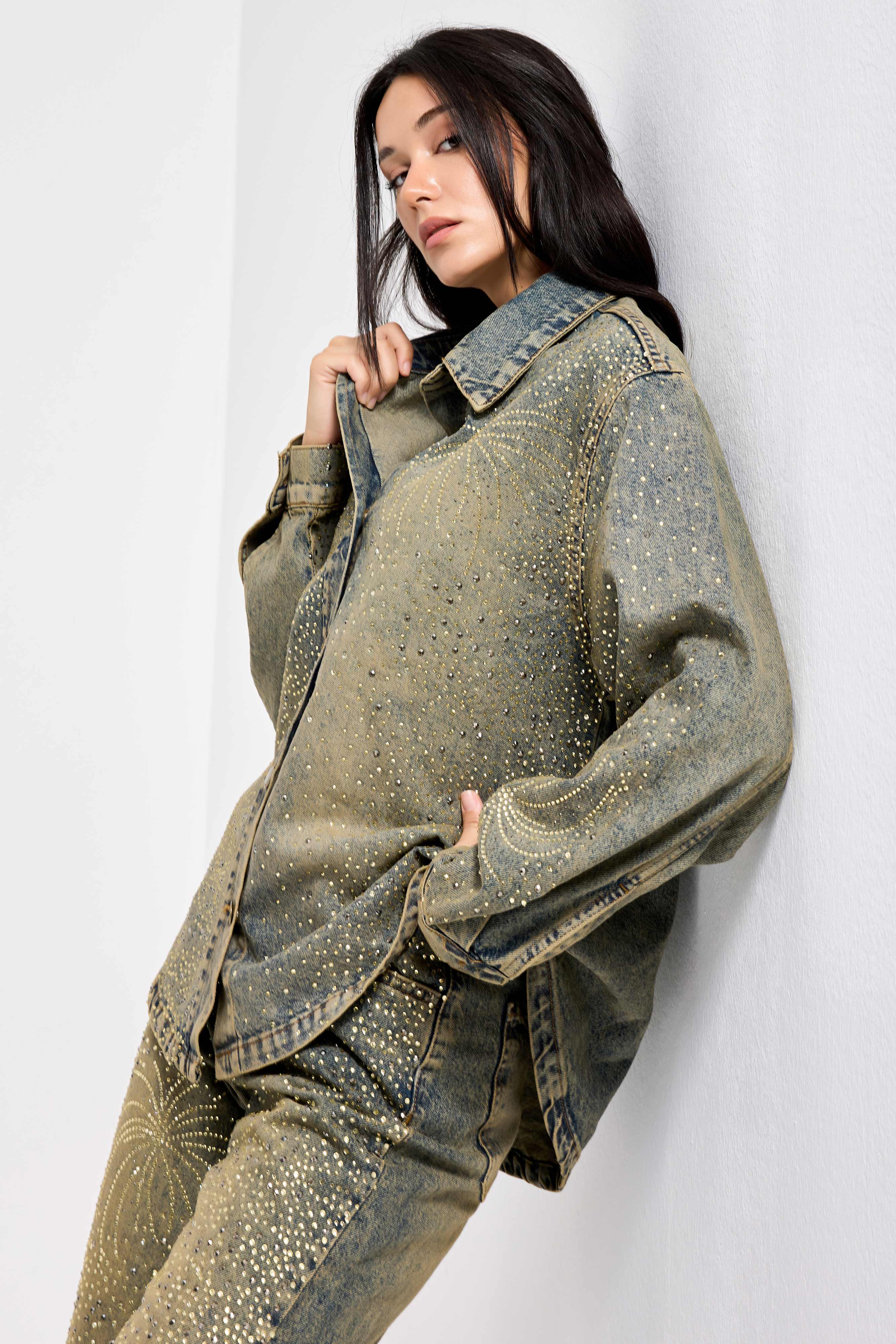 Kadın T.Kot Rengi T-4w5-11 Oversize Parlak Taşlı Özel Tasarım Denim Ceket Gömlek