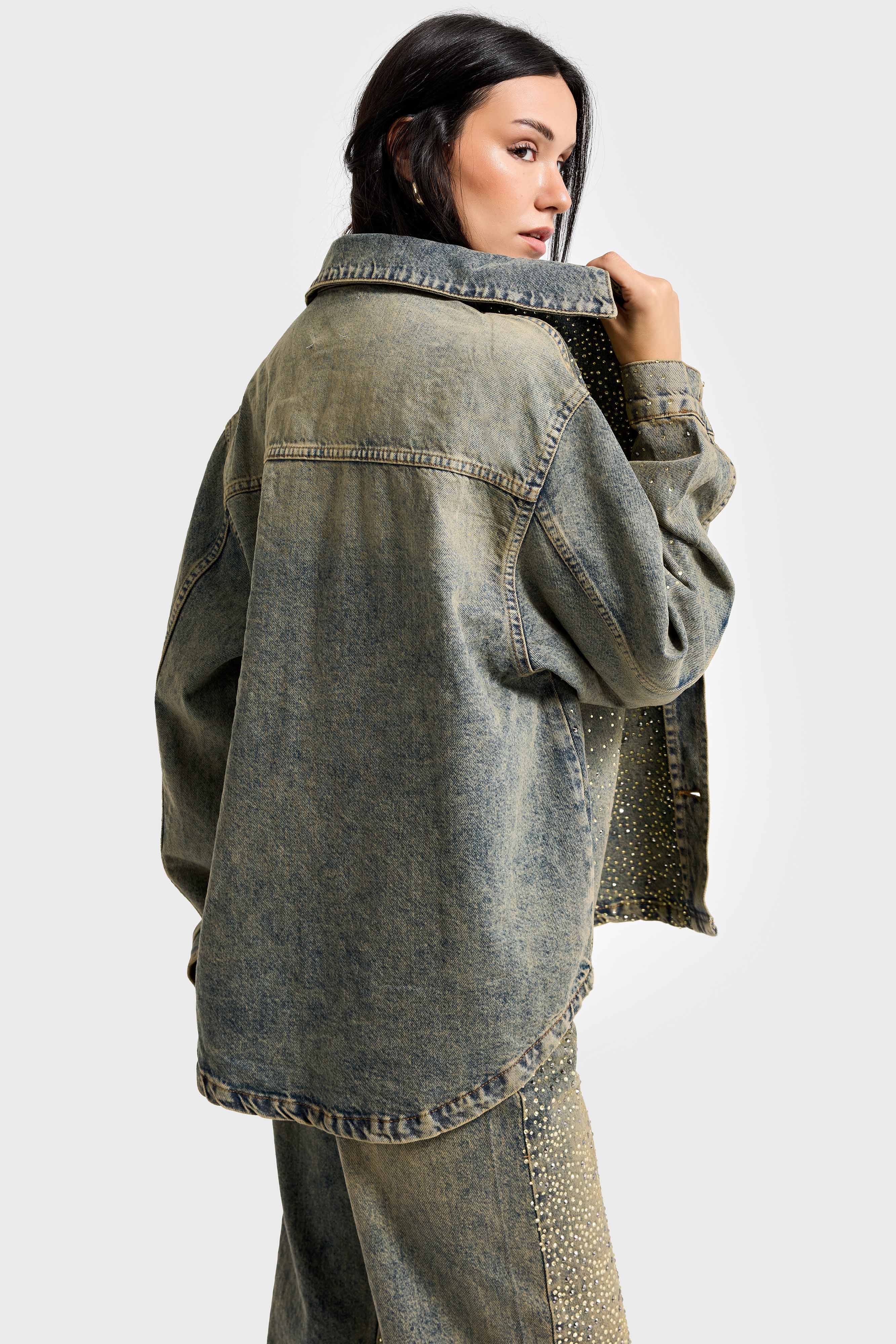 Kadın T.Kot Rengi T-4w5-11 Oversize Parlak Taşlı Özel Tasarım Denim Ceket Gömlek