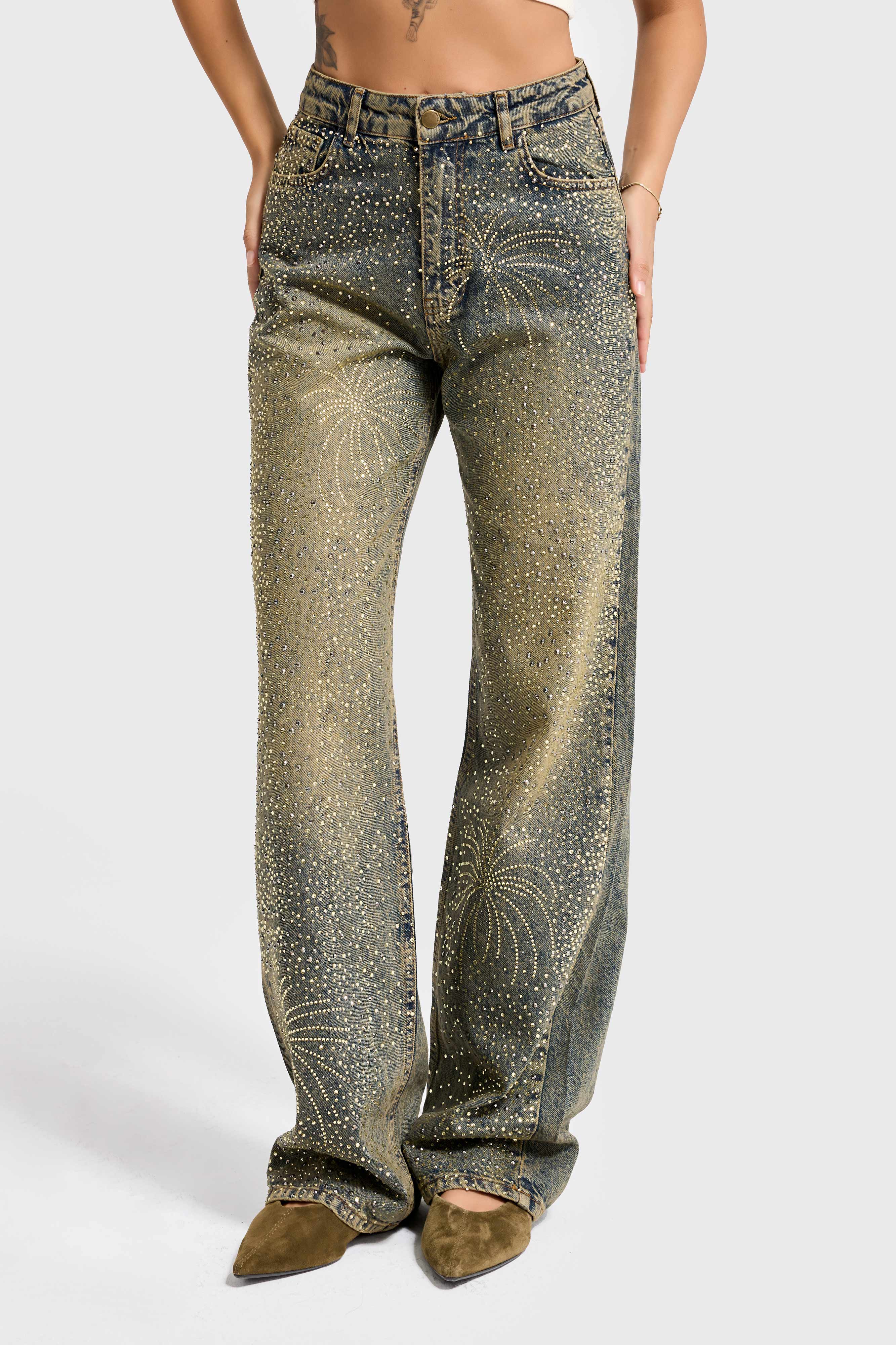 Kadın T.Kot Rengi T-4w5-11 Straight Fit Yüksek Bel Parlak Taşlı Özel Tasarım Denim Jean