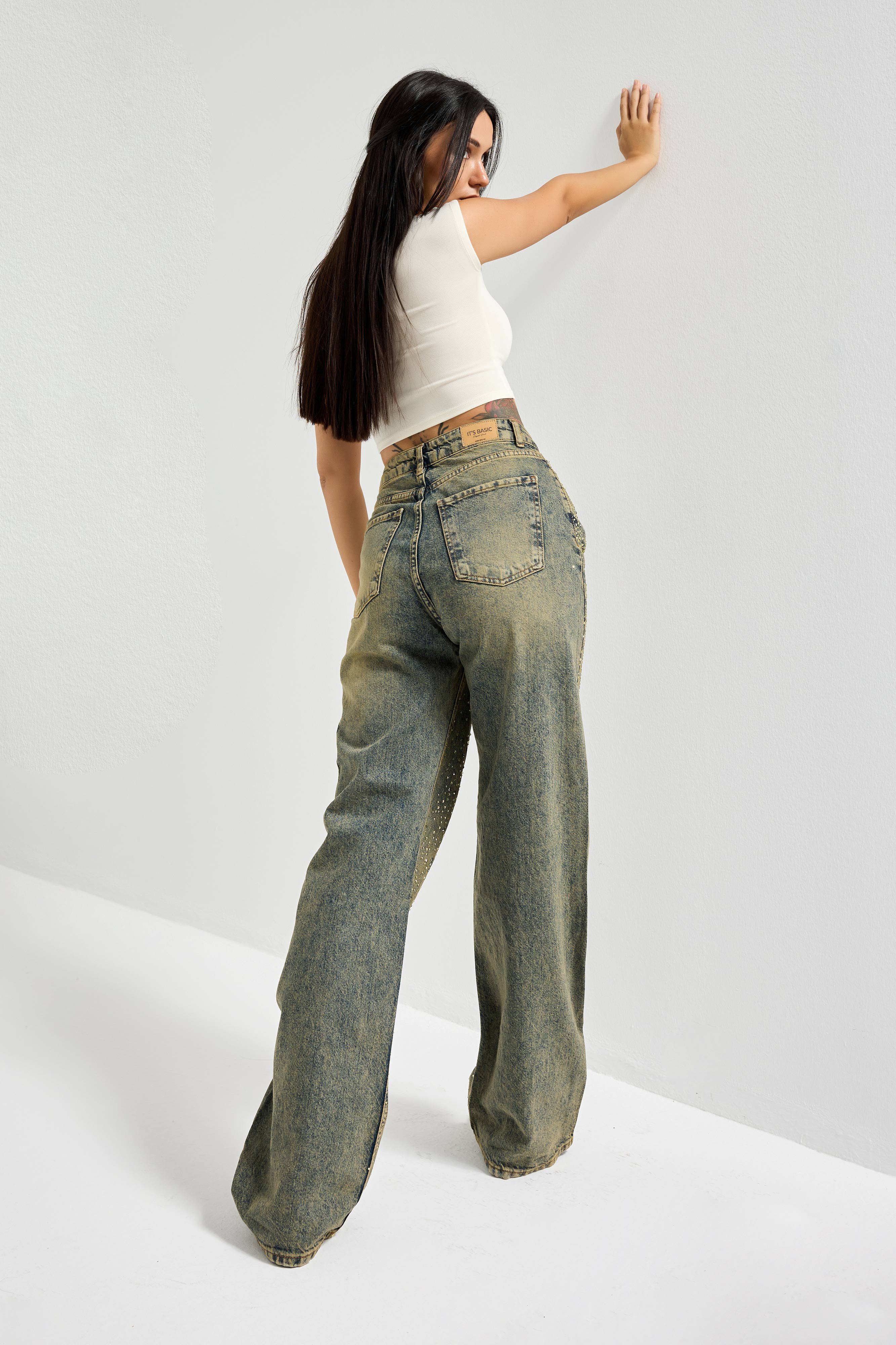 Kadın T.Kot Rengi T-4w5-11 Straight Fit Yüksek Bel Parlak Taşlı Özel Tasarım Denim Jean