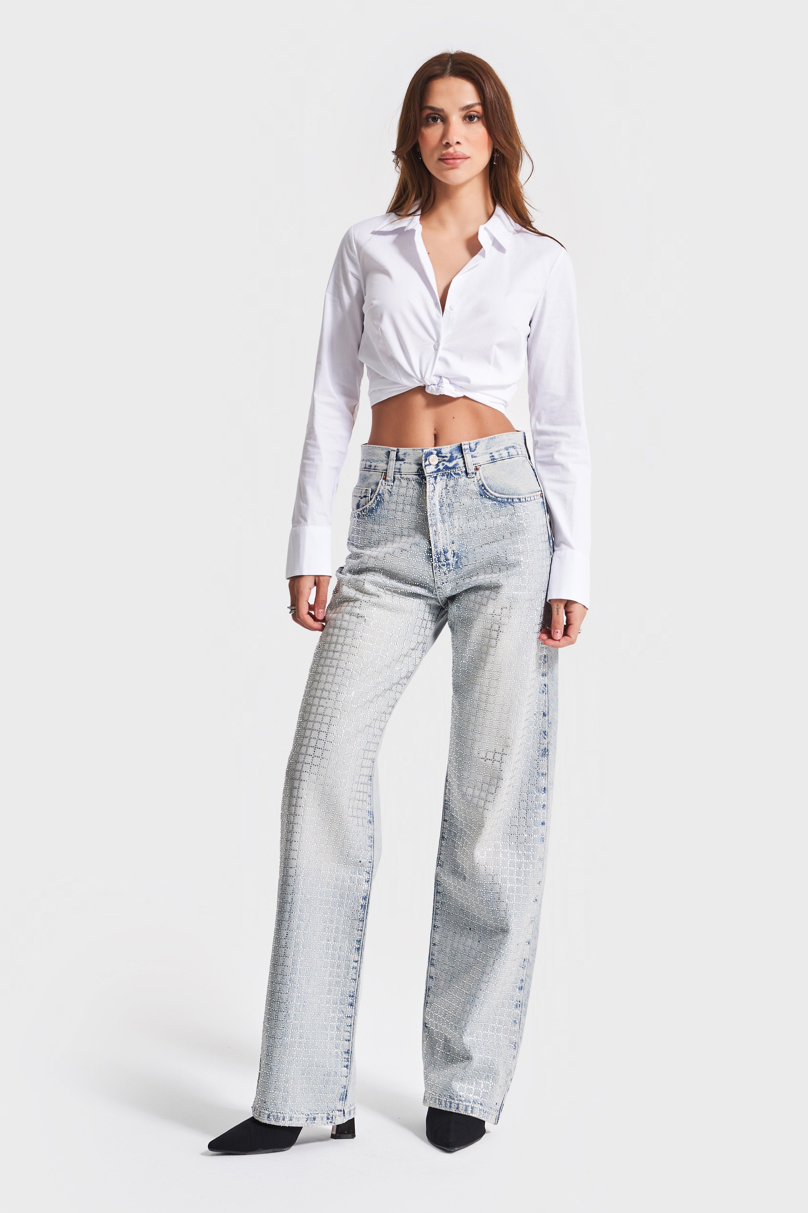 Kadın T.Kot Rengi Lora T2-4S5-30 Loose Fit Parlak Kare Taşlı %100 Koton Tasarım Denim Jean