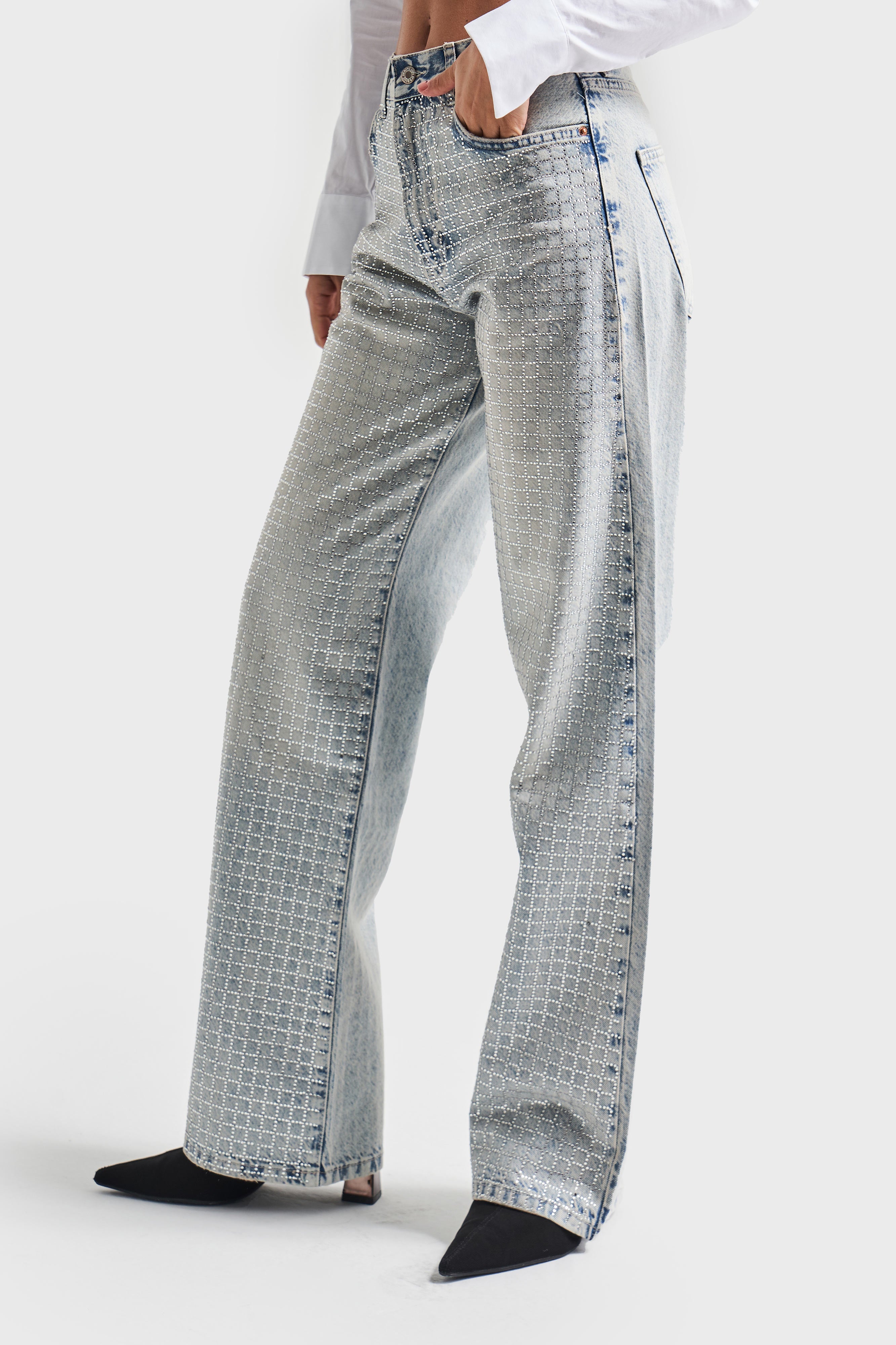 Kadın T.Kot Rengi Lora T2-4S5-30 Loose Fit Parlak Kare Taşlı %100 Koton Tasarım Denim Jean