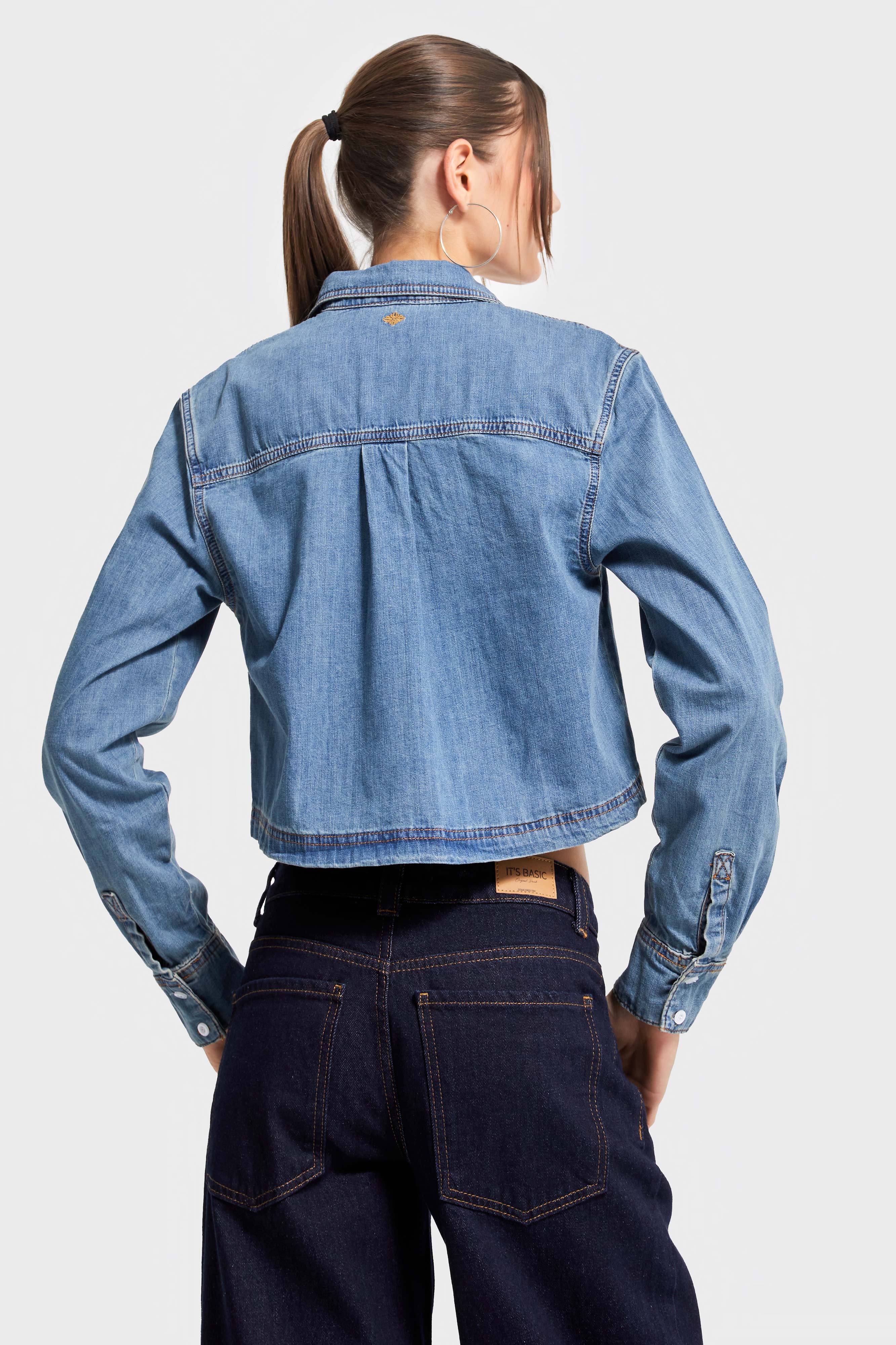 Kadın T.Kot Renk cc01 7s5-8 Crop Fit Önü Düğmeli %100 Organik Denim Kumaş Gömlek