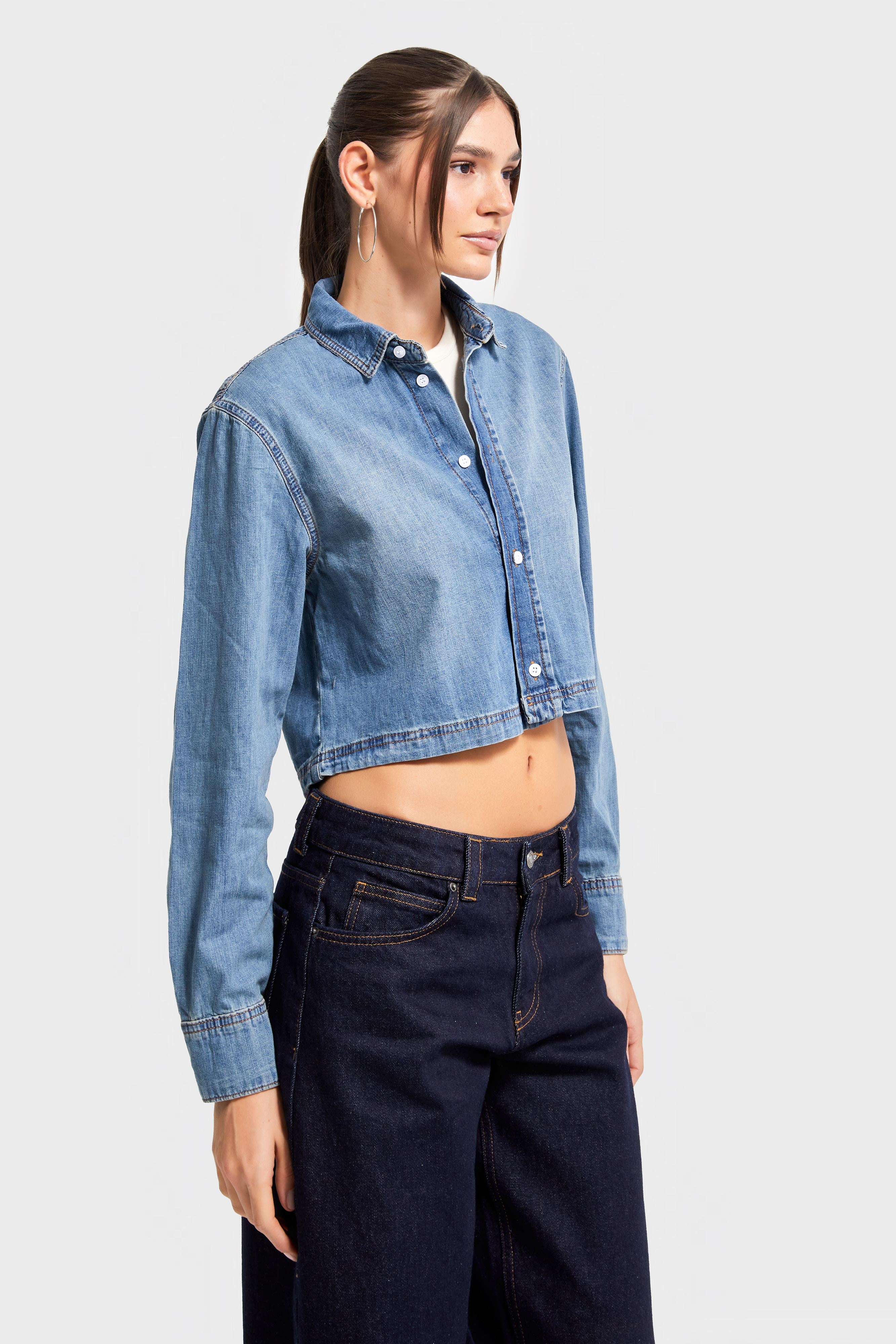 Kadın T.Kot Renk cc01 7s5-8 Crop Fit Önü Düğmeli %100 Organik Denim Kumaş Gömlek
