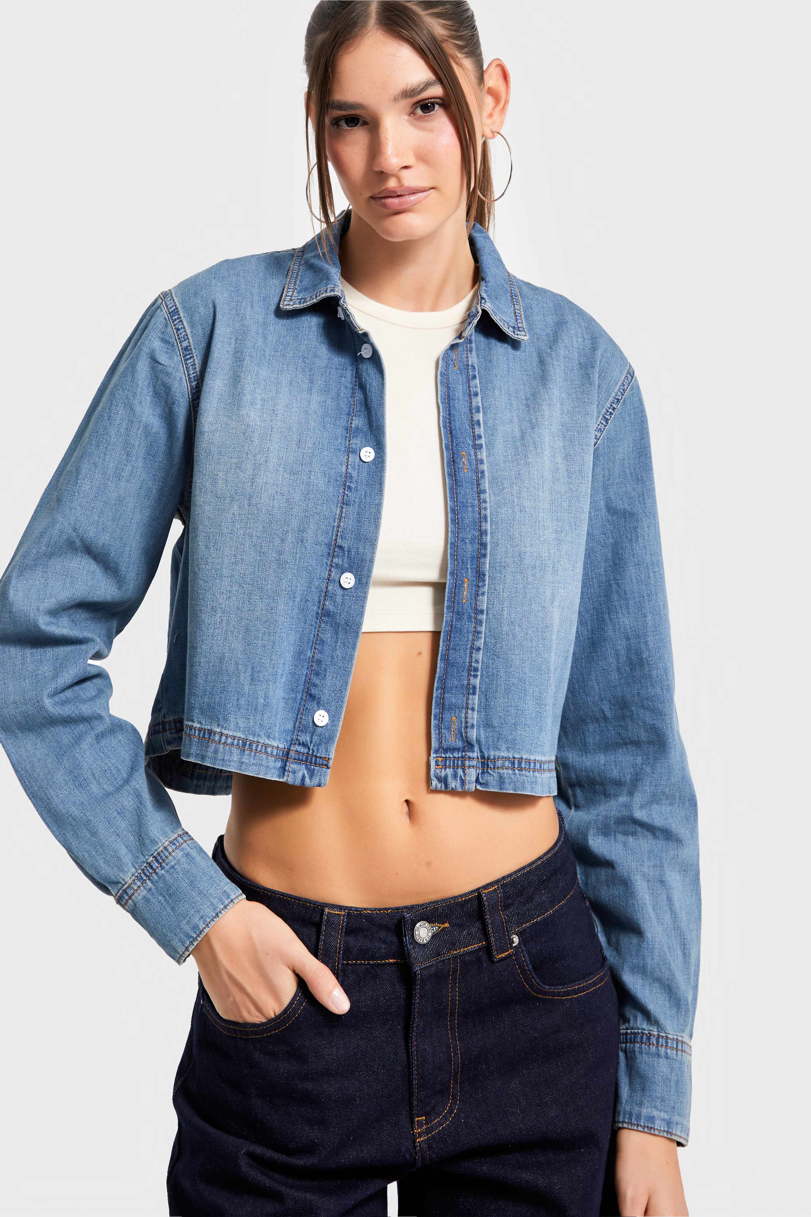 Kadın T.Kot Renk cc01 7s5-8 Crop Fit Önü Düğmeli %100 Organik Denim Kumaş Gömlek