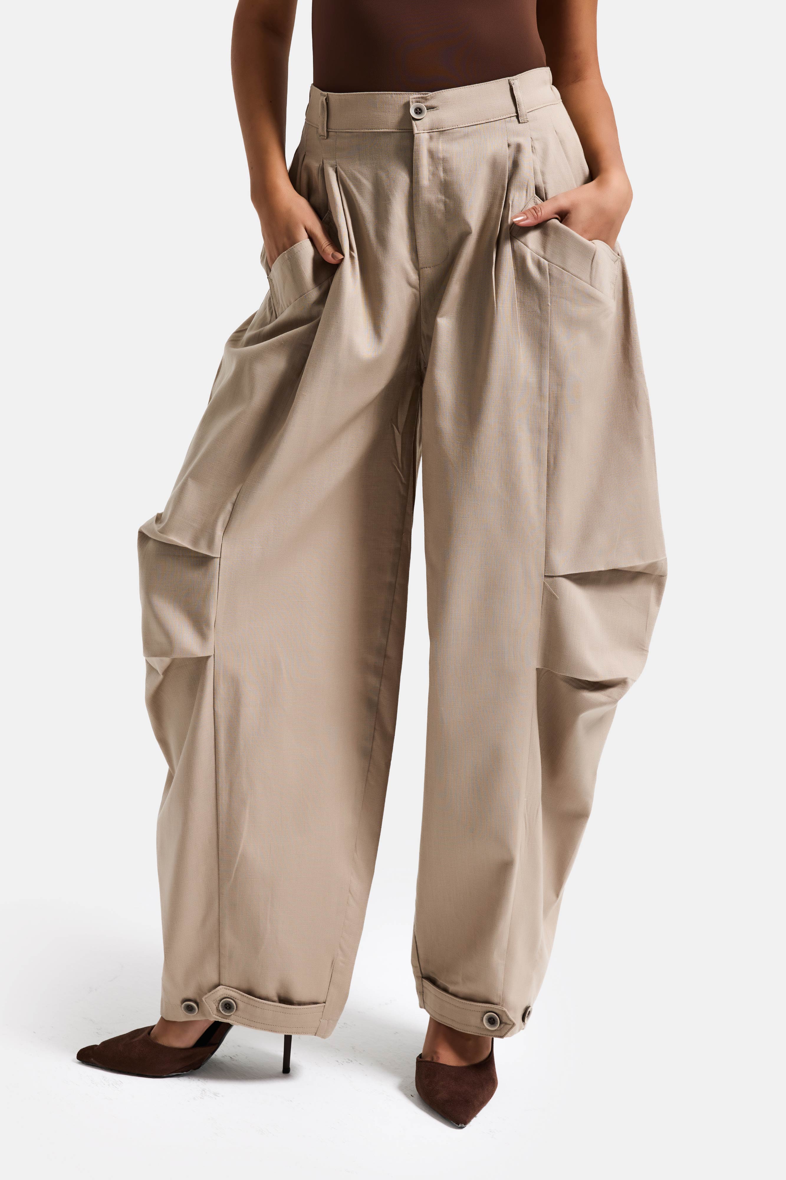 Kadın Taş Bej Renk Balon Fit Bol Kesim Organik Keten Kumaş Tasarım Pantolon