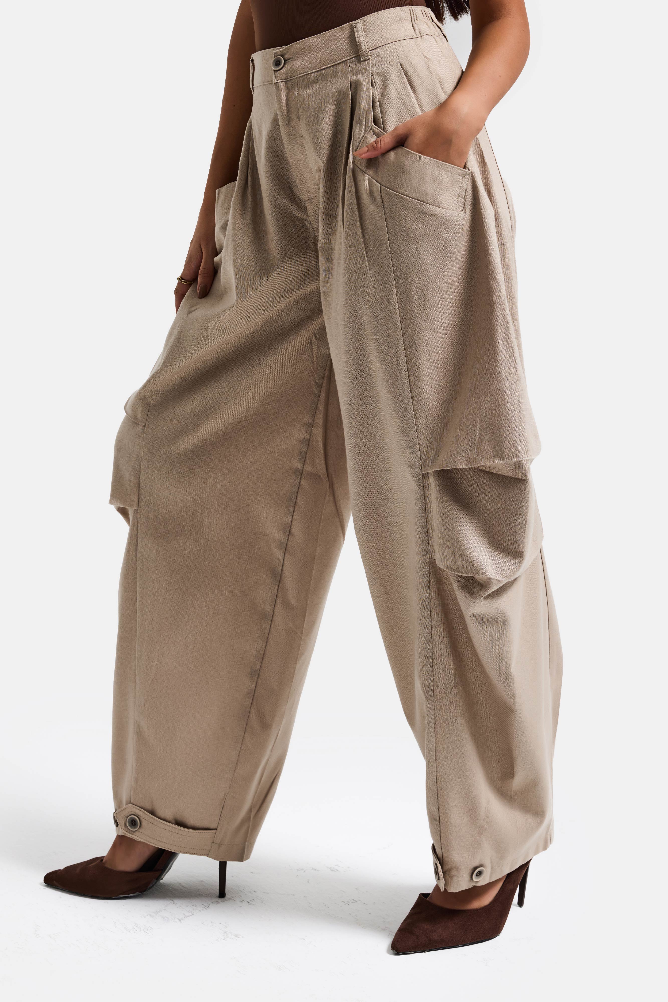 Kadın Taş Bej Renk Balon Fit Bol Kesim Organik Keten Kumaş Tasarım Pantolon