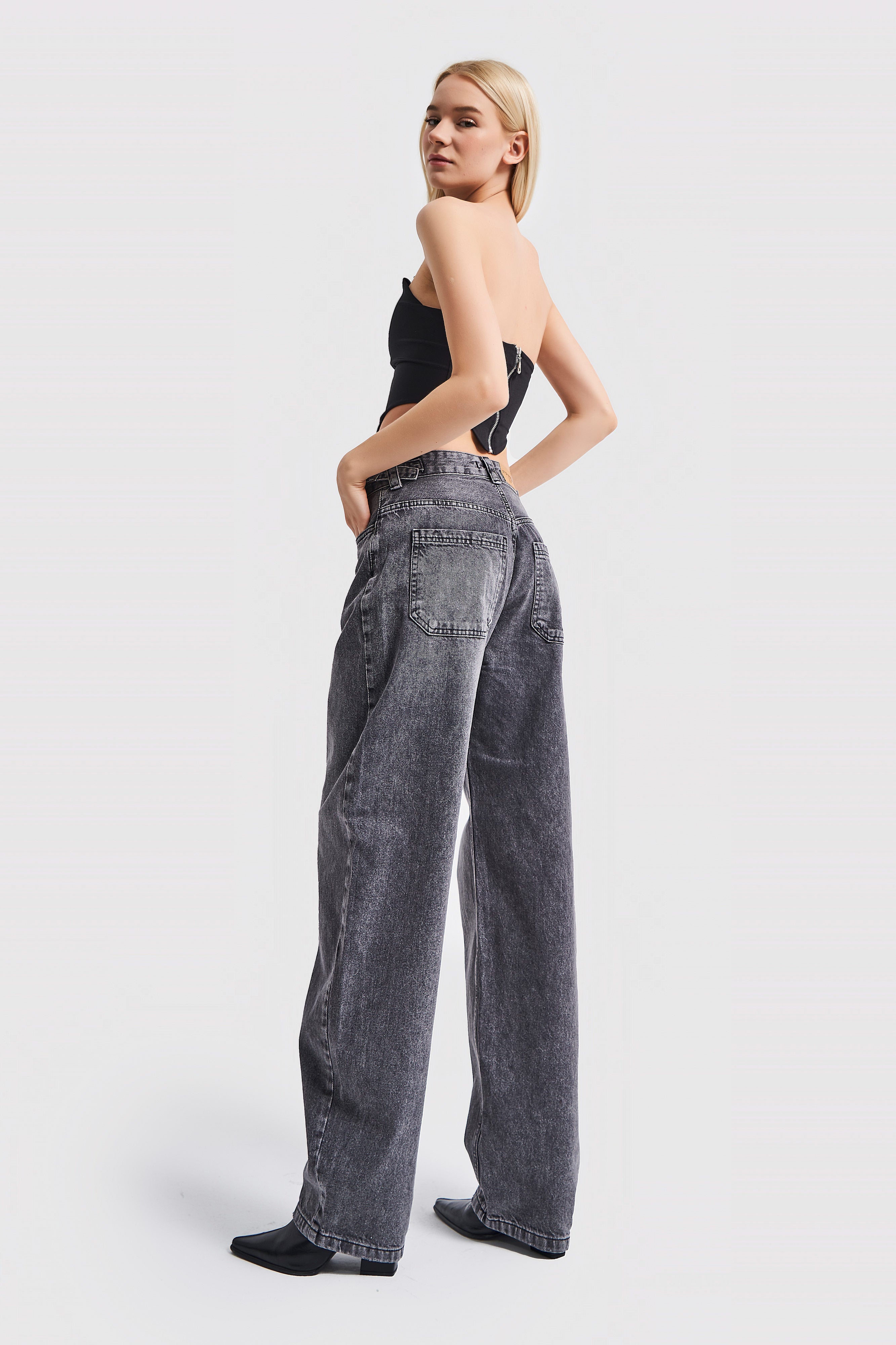 Women's Stone Smoke Color Waist Adjustable Belt Super Long Loose Cut Jeans