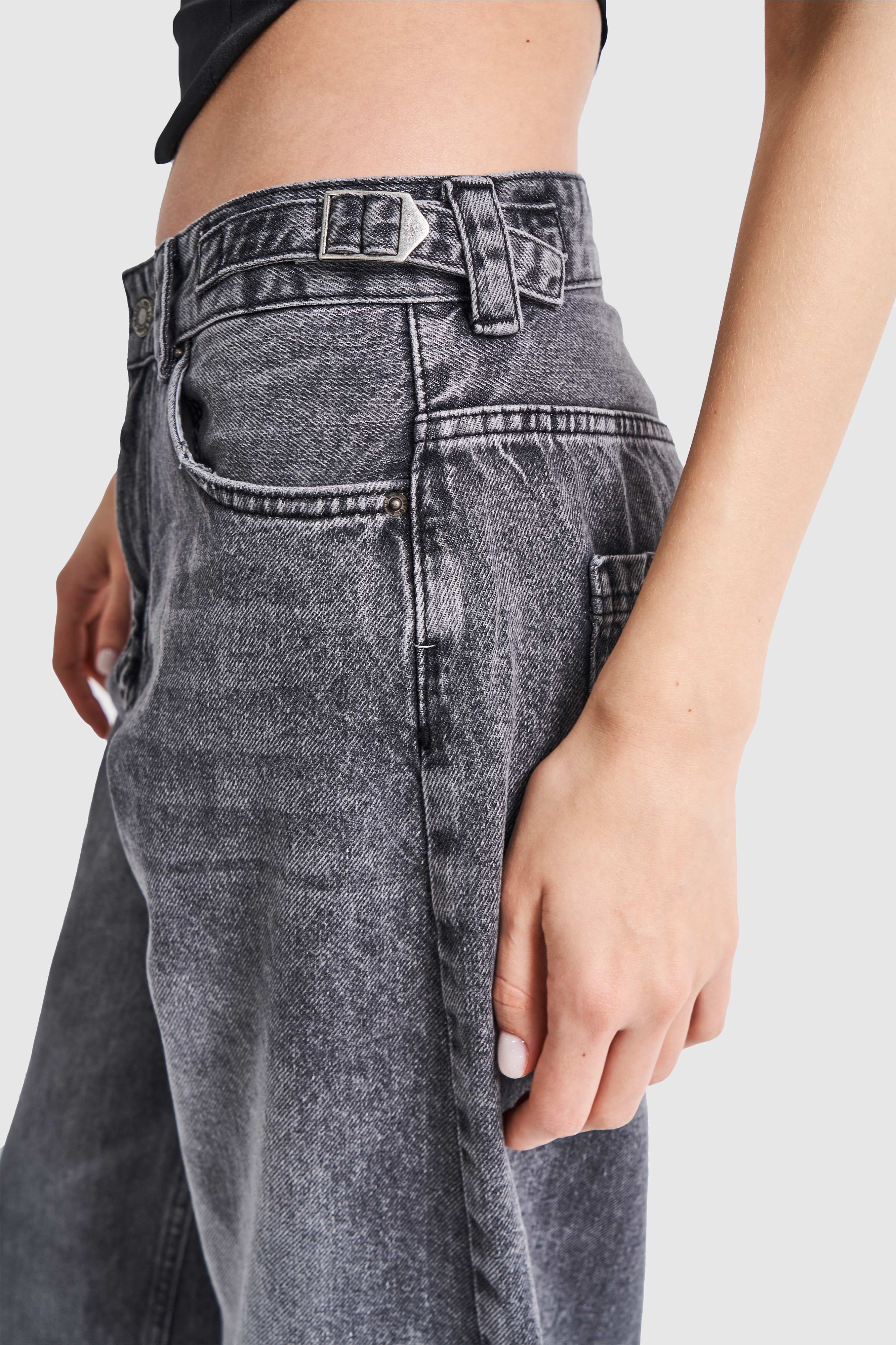 Women's Stone Smoke Color Waist Adjustable Belt Super Long Loose Cut Jeans