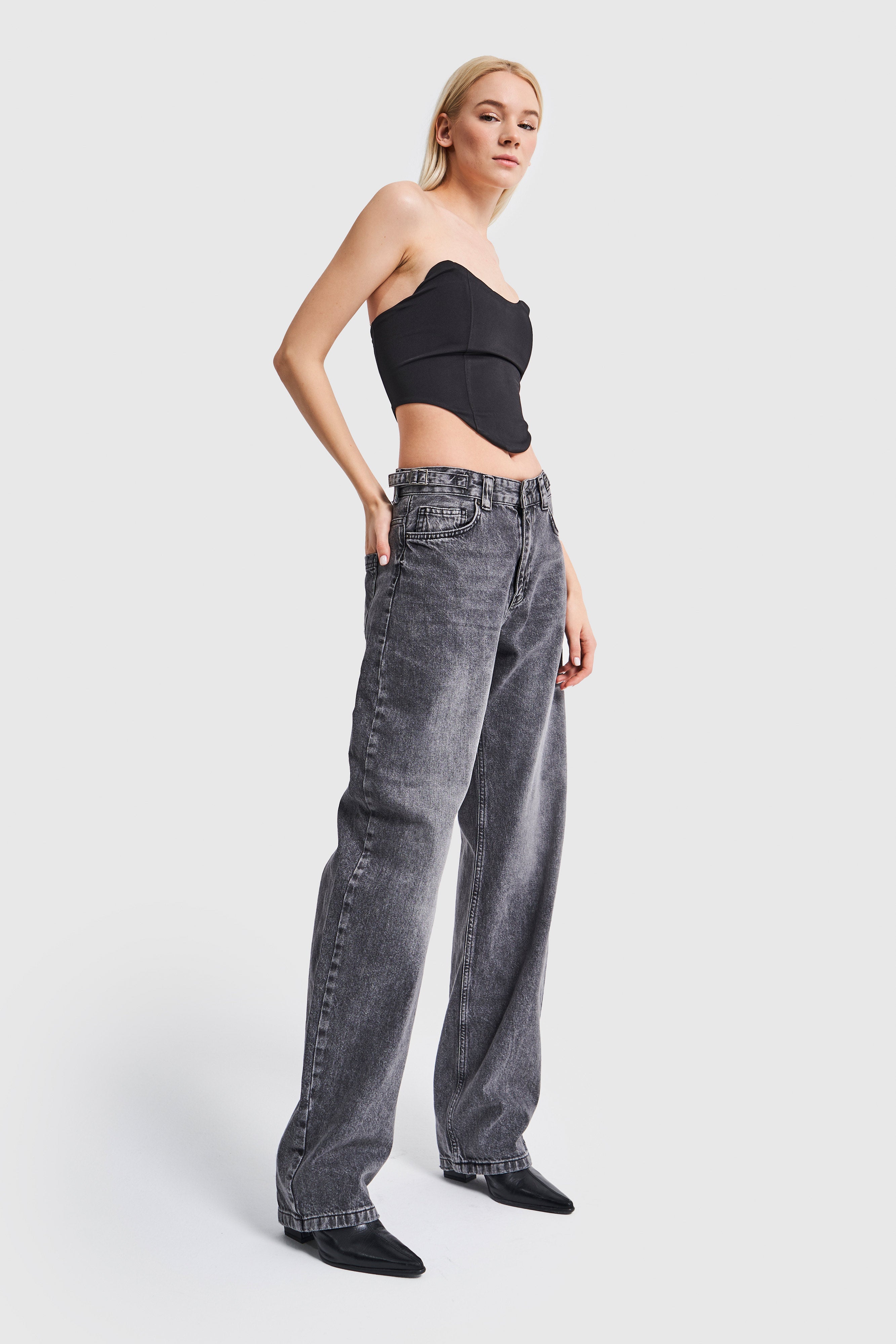Women's Stone Smoke Color Waist Adjustable Belt Super Long Loose Cut Jeans