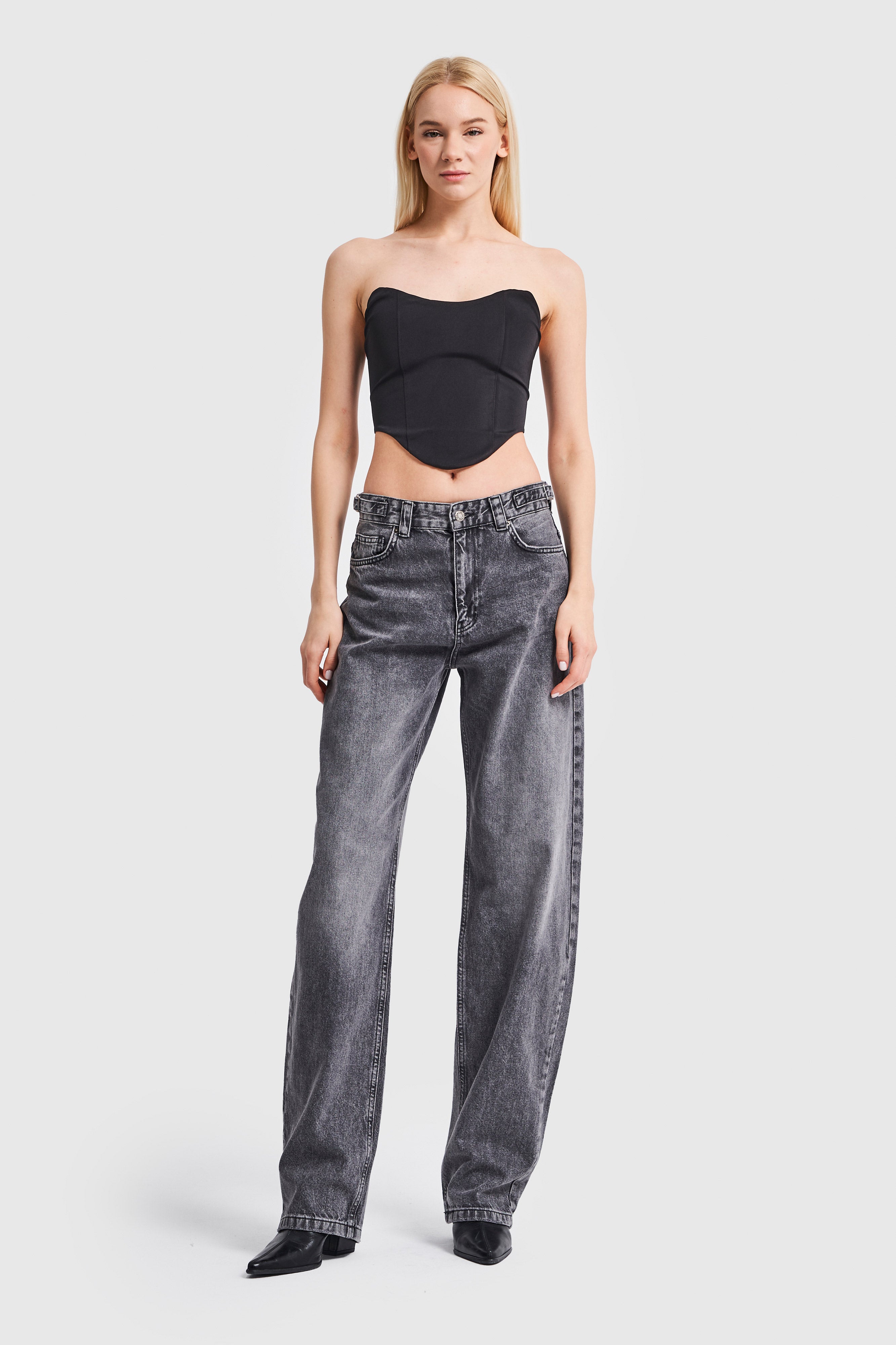 Women's Stone Smoke Color Waist Adjustable Belt Super Long Loose Cut Jeans