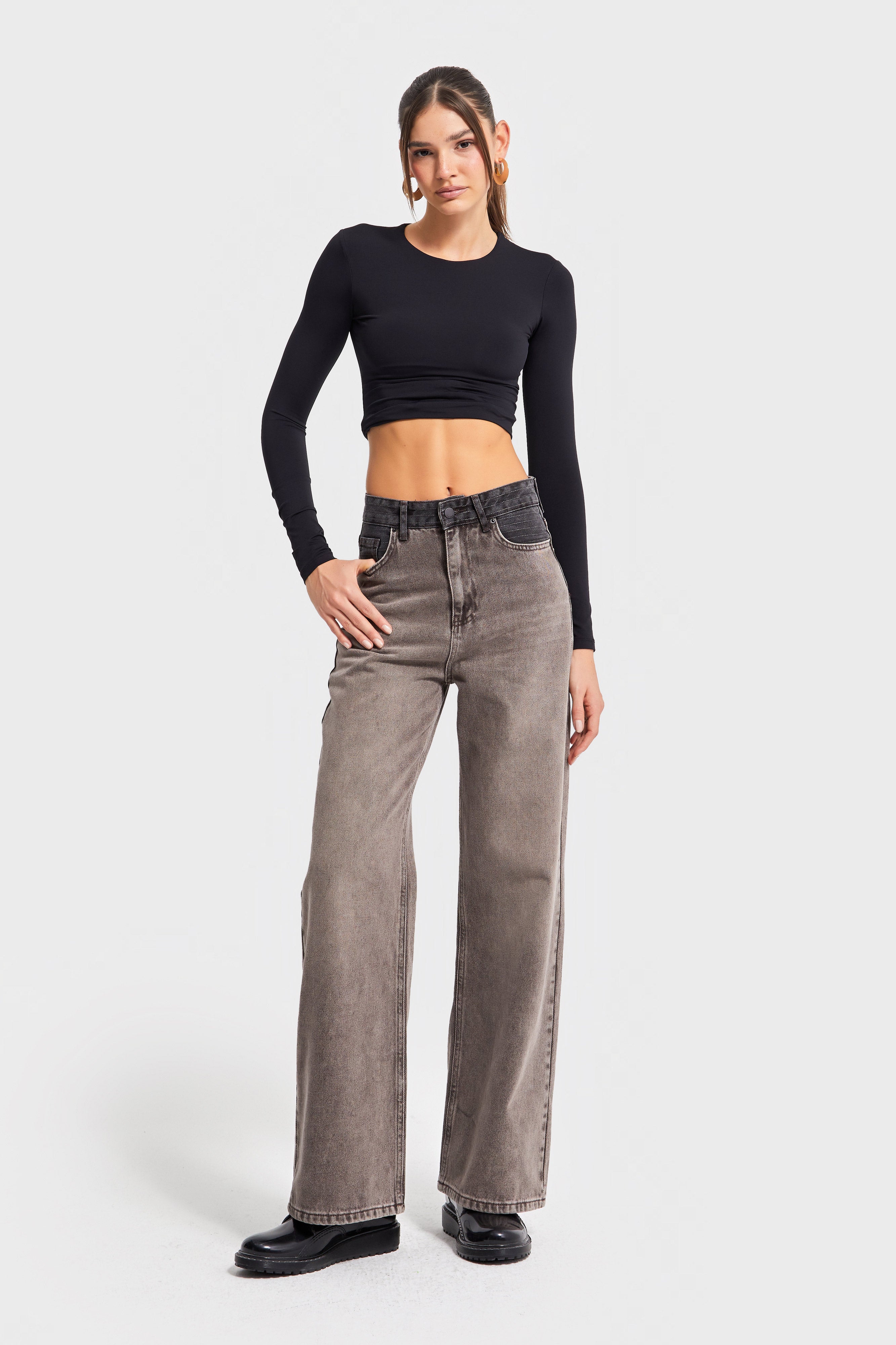 Kadın Taş Kahve Renk 4w5-16 Wide Leg Fit %100 Koton Tasarım Denim Jean