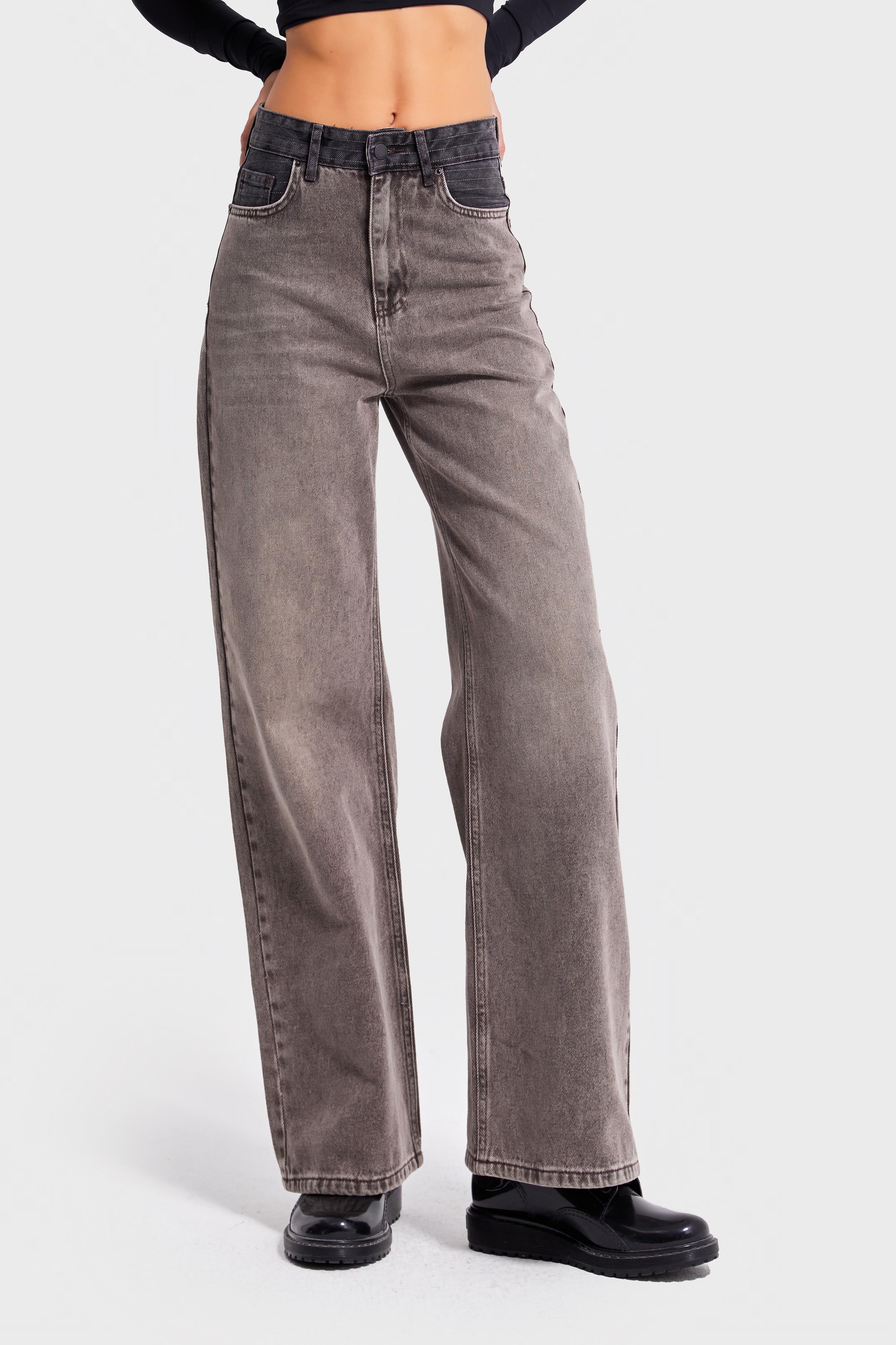 Kadın Taş Kahve Renk 4w5-16 Wide Leg Fit %100 Koton Tasarım Denim Jean