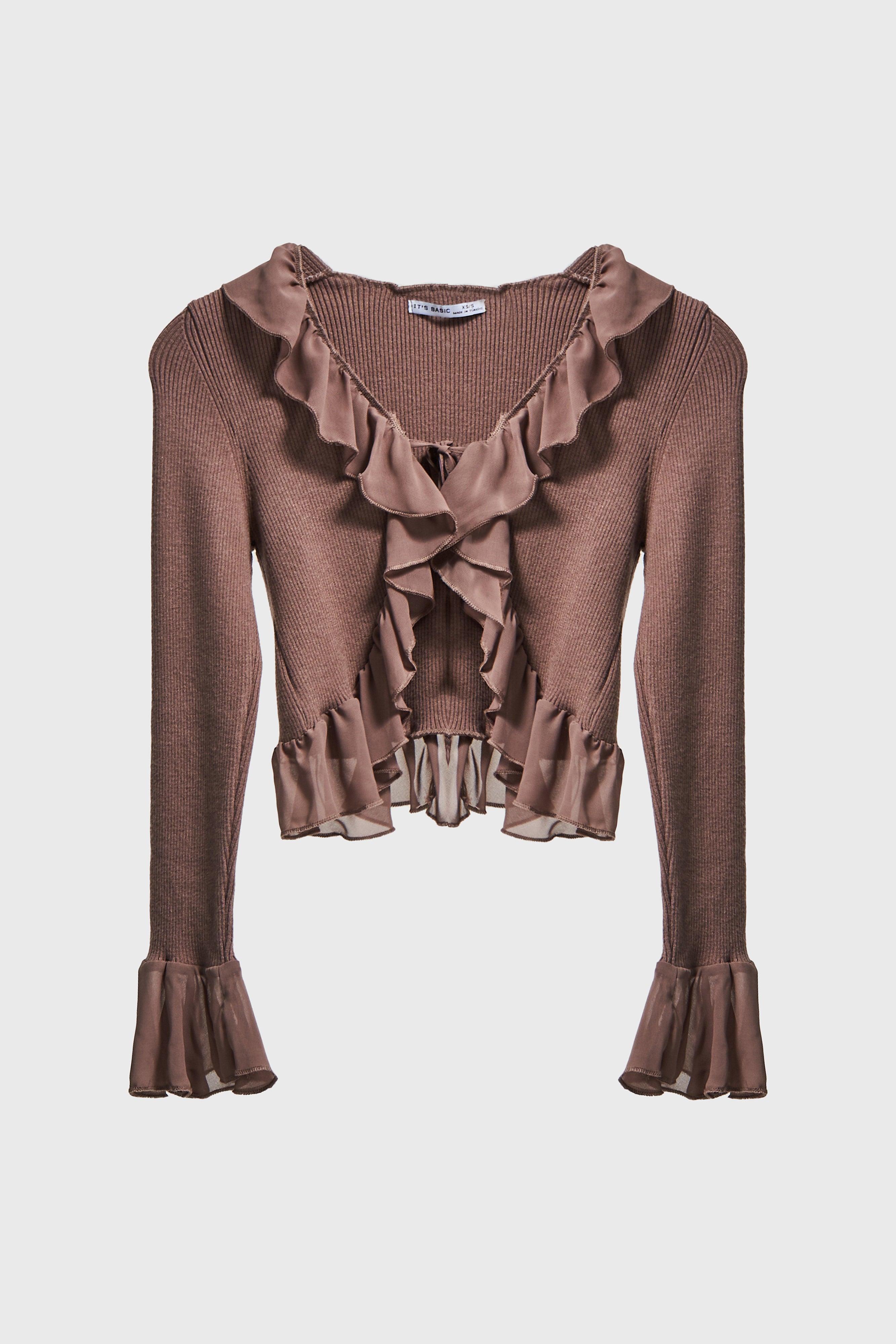 Kadın Taş Kahve Renk w5-82 BT25 Triko Örme Kumaş Şifon Detaylı Volanlı Hırka Bluz