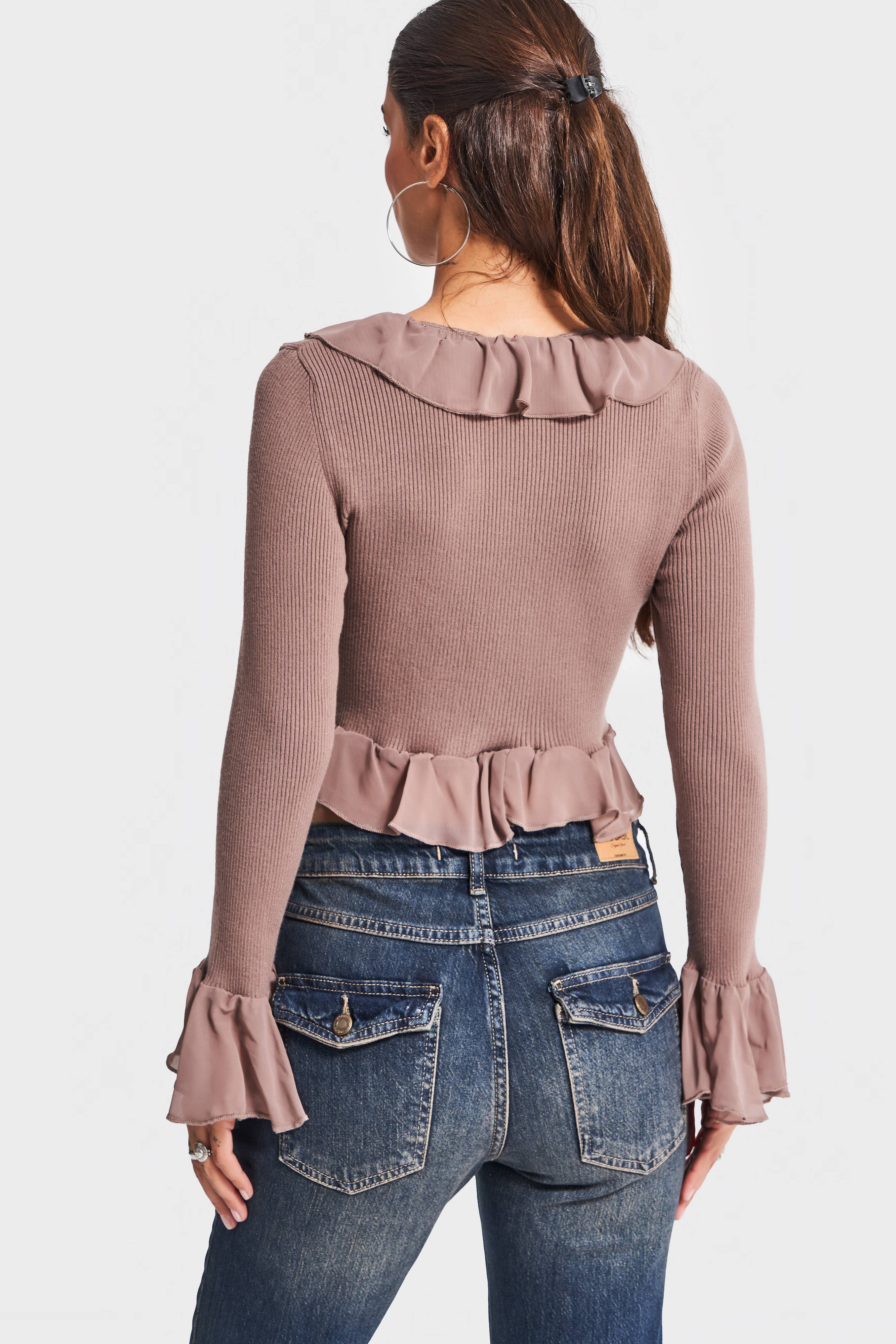 Kadın Taş Kahve Renk w5-82 BT25 Triko Örme Kumaş Şifon Detaylı Volanlı Hırka Bluz