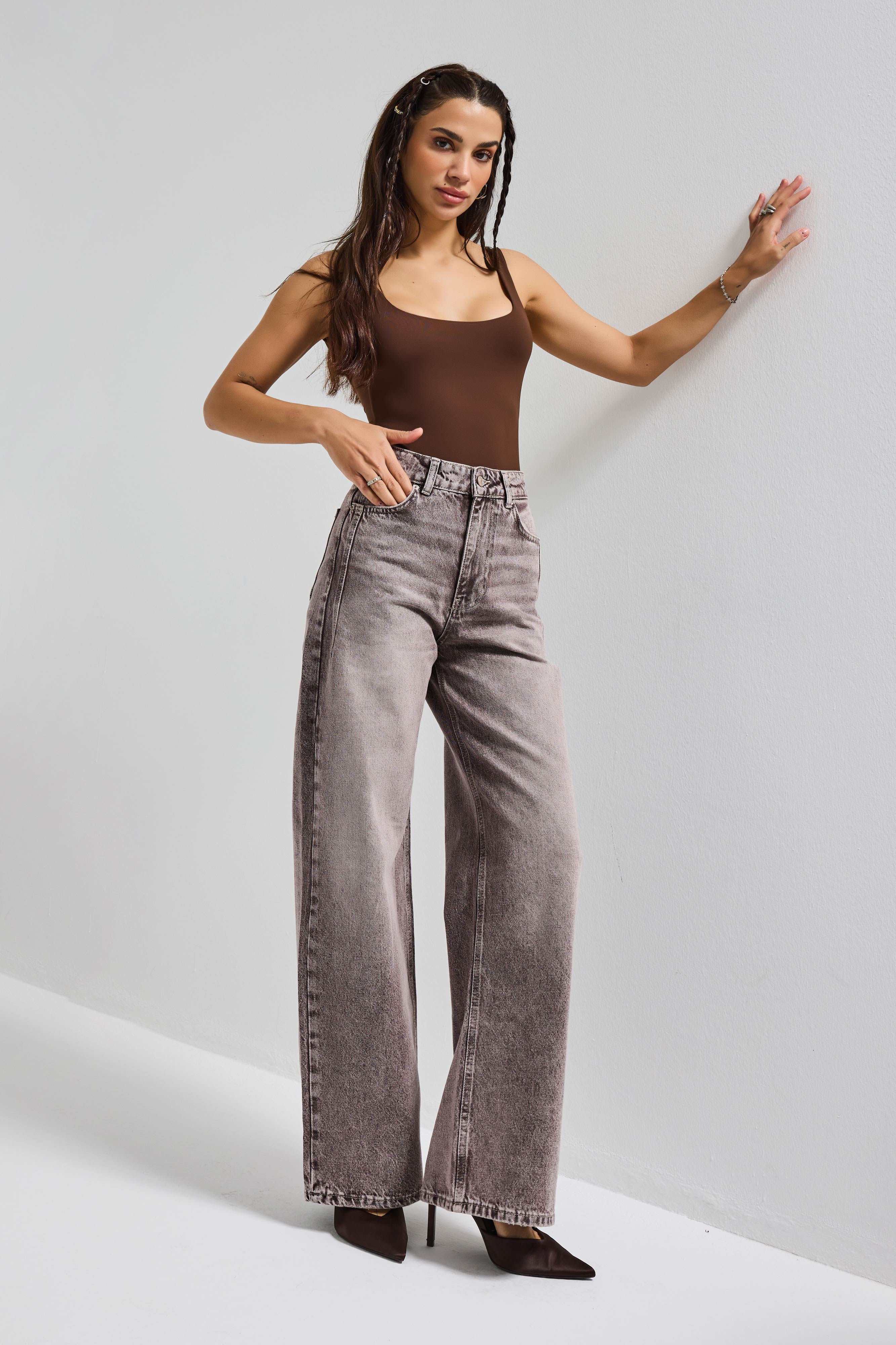 Kadın Taş Kot Rengi Olea 4s6-173 Wide Leg Fit %100 Koton Denim Jean