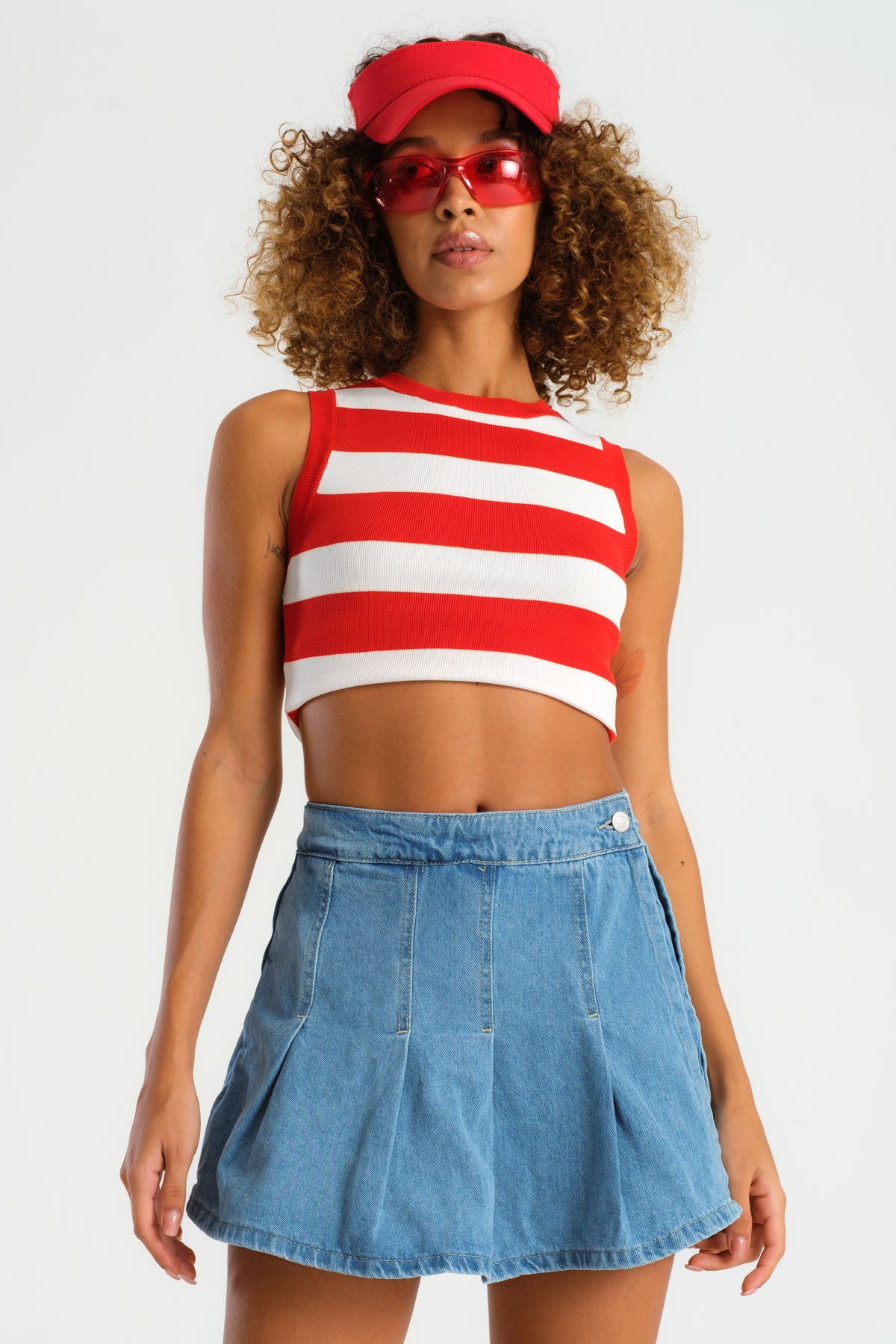 Women's Stone Blue Color Front Pleated Mini Length Denim Shorts Skirt