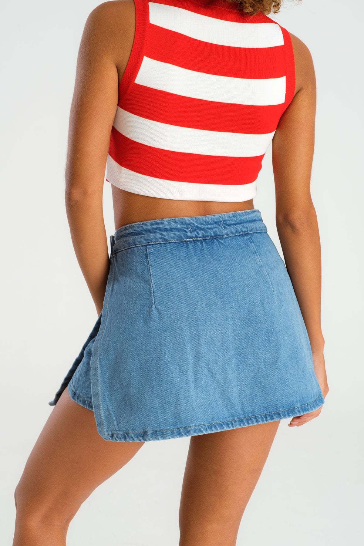 Women's Stone Blue Color Front Pleated Mini Length Denim Shorts Skirt