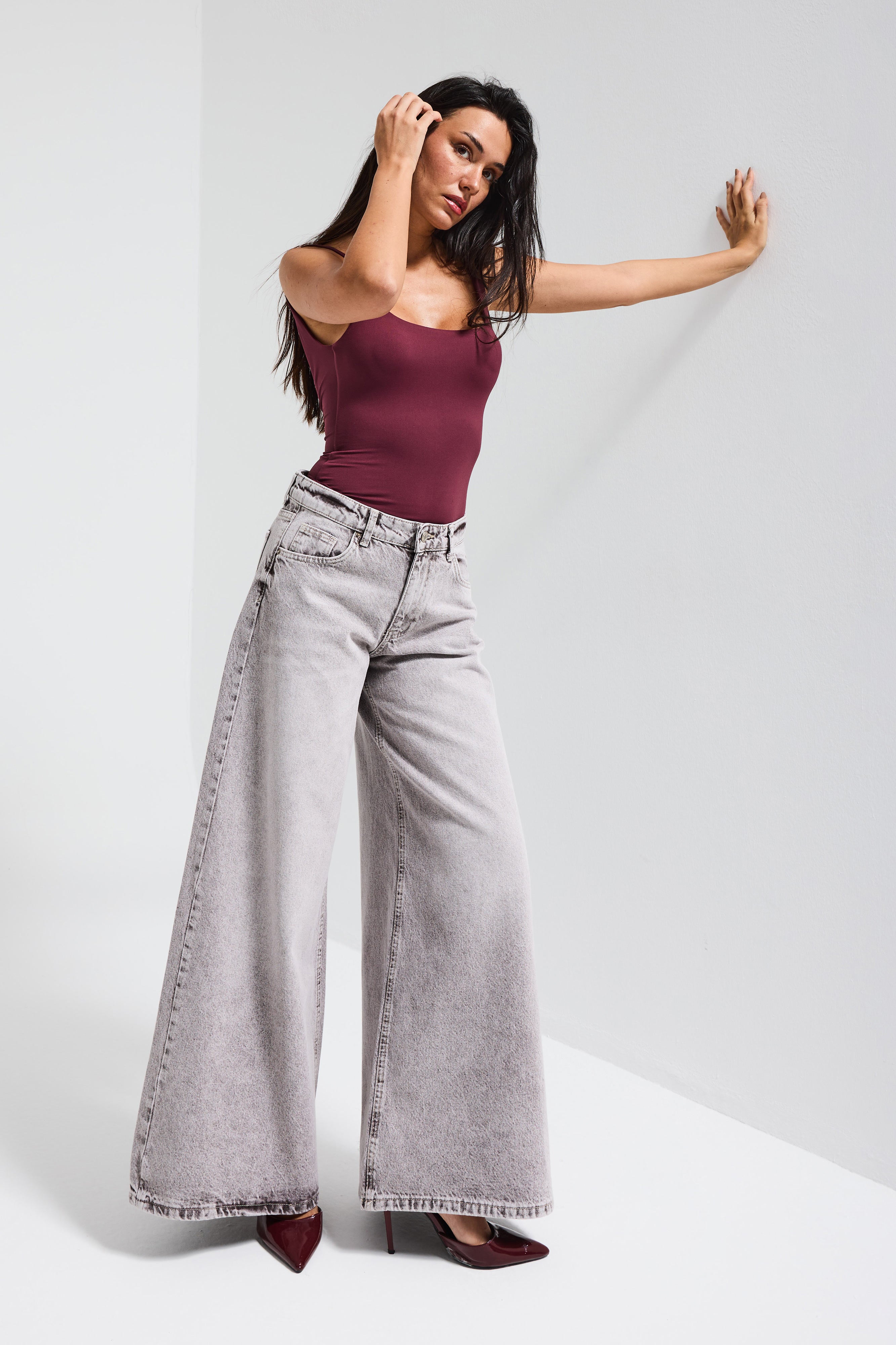 Kadın Taş Rengi 4s6-158 Elephant Leg Fit Süper Bol Kesim Denim Jean