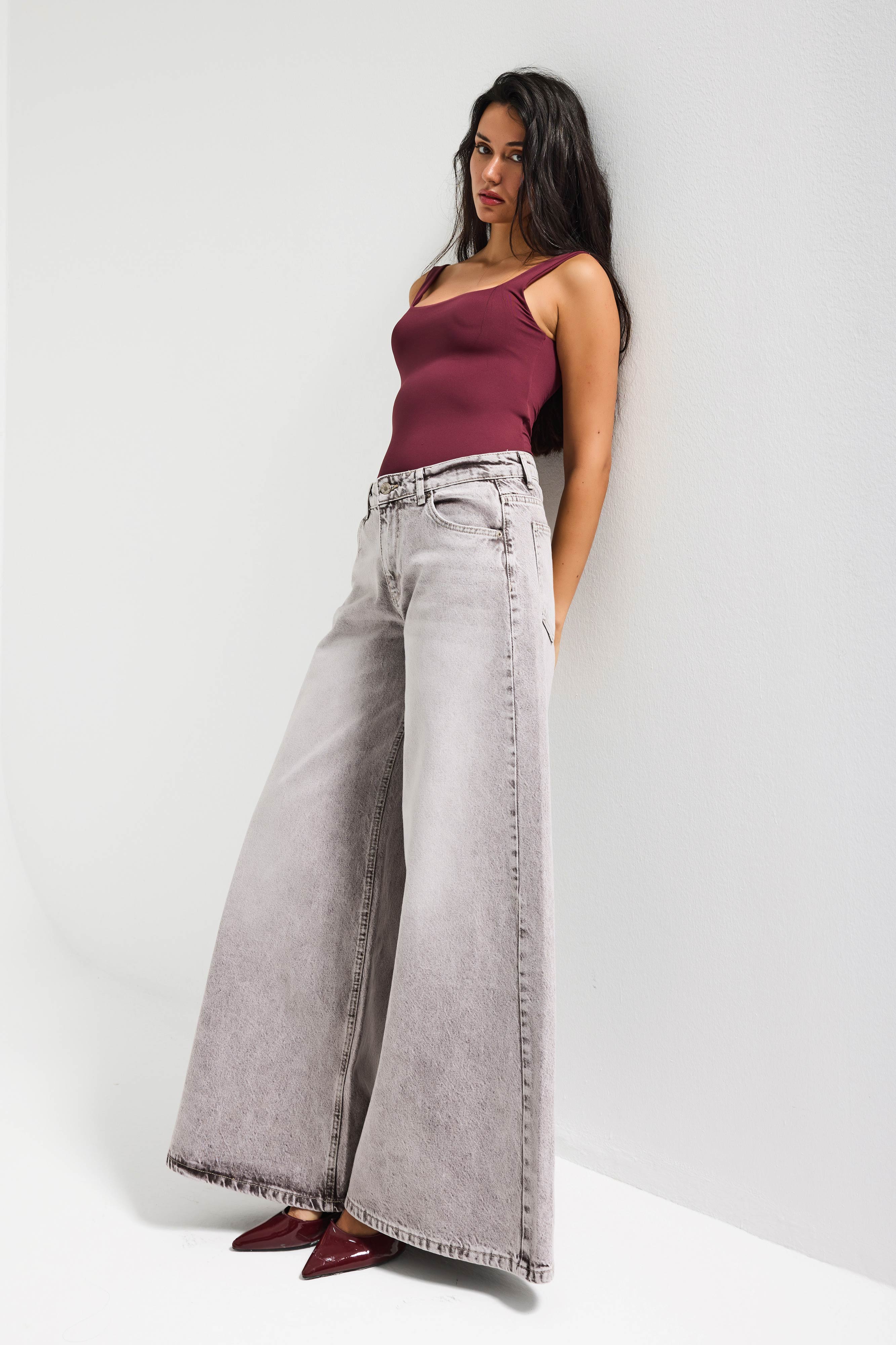 Kadın Taş Rengi 4s6-158 Elephant Leg Fit Süper Bol Kesim Denim Jean