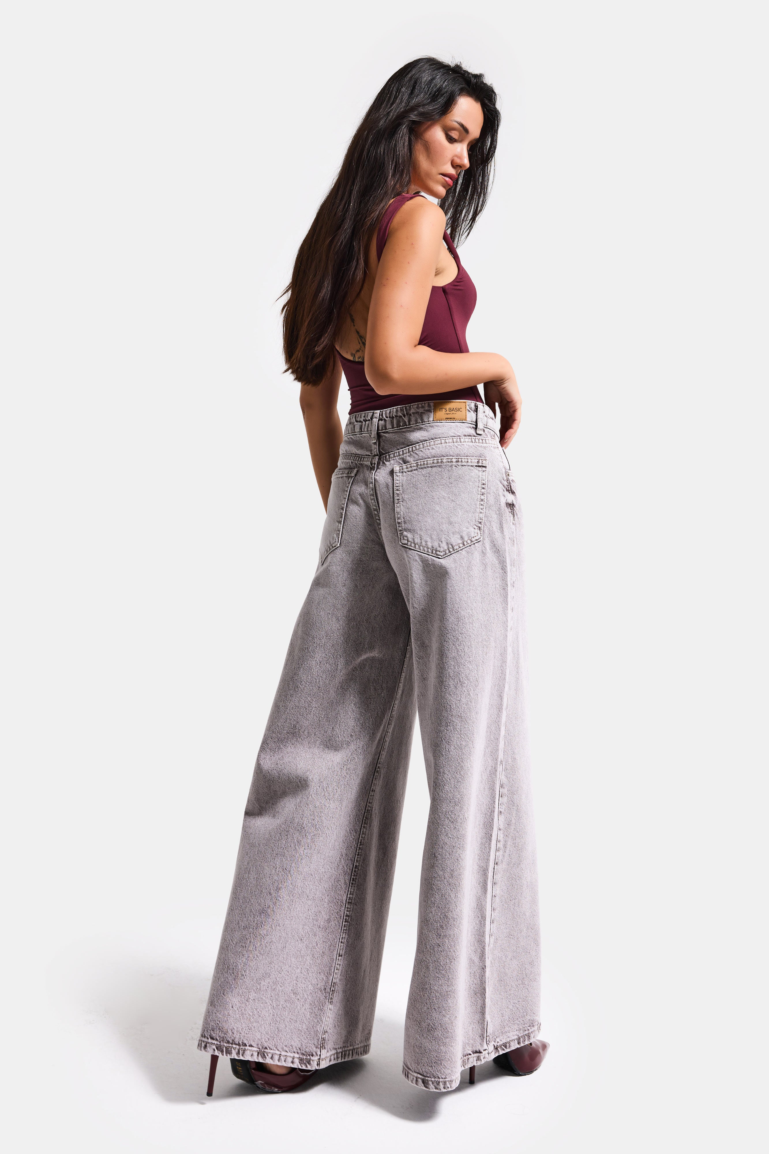 Kadın Taş Rengi 4s6-158 Elephant Leg Fit Süper Bol Kesim Denim Jean