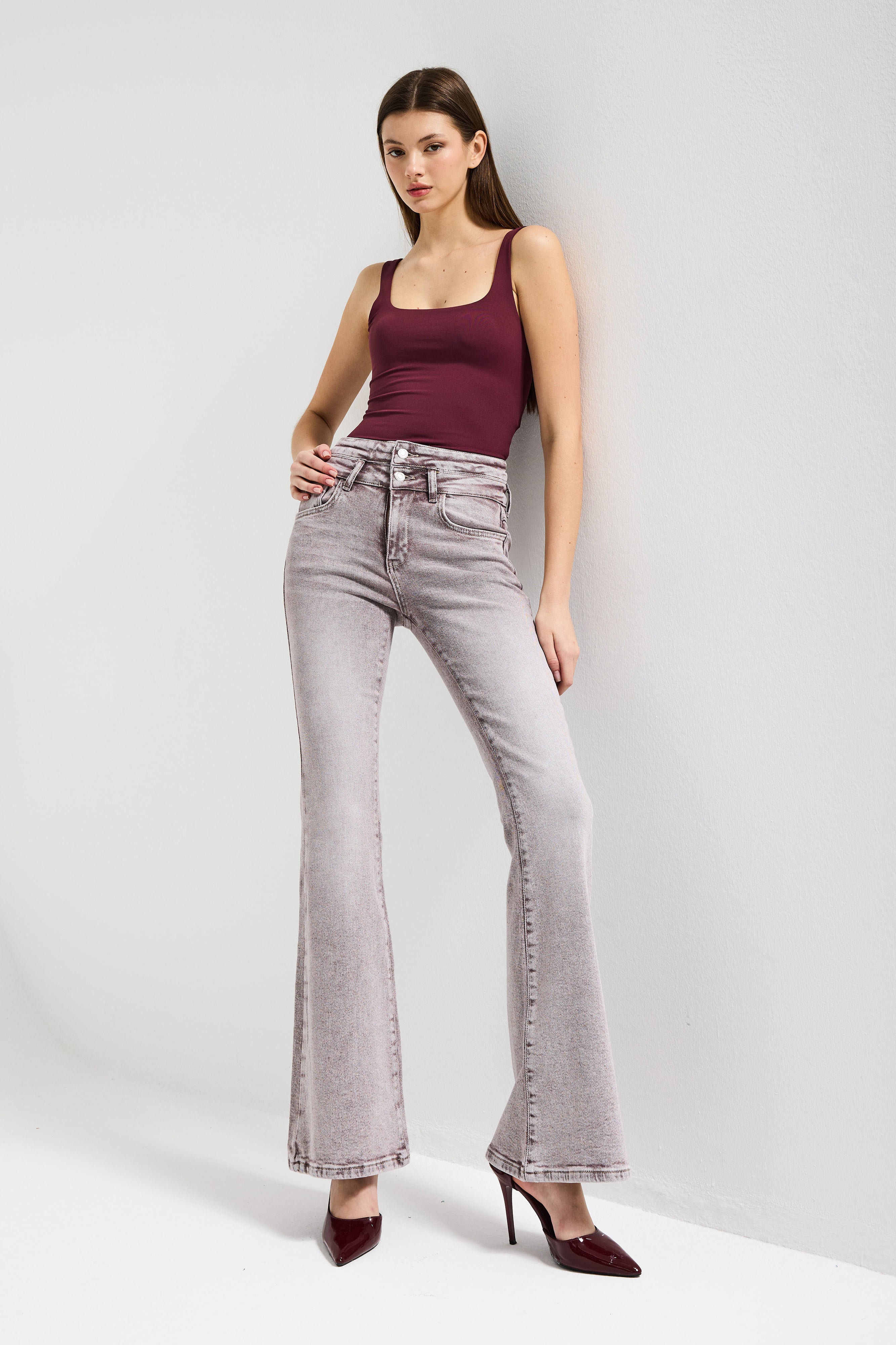 Kadın Taş Rengi 4s6-158 Flare Fit Esnek Kumaş Düşük Bel Denim Jean