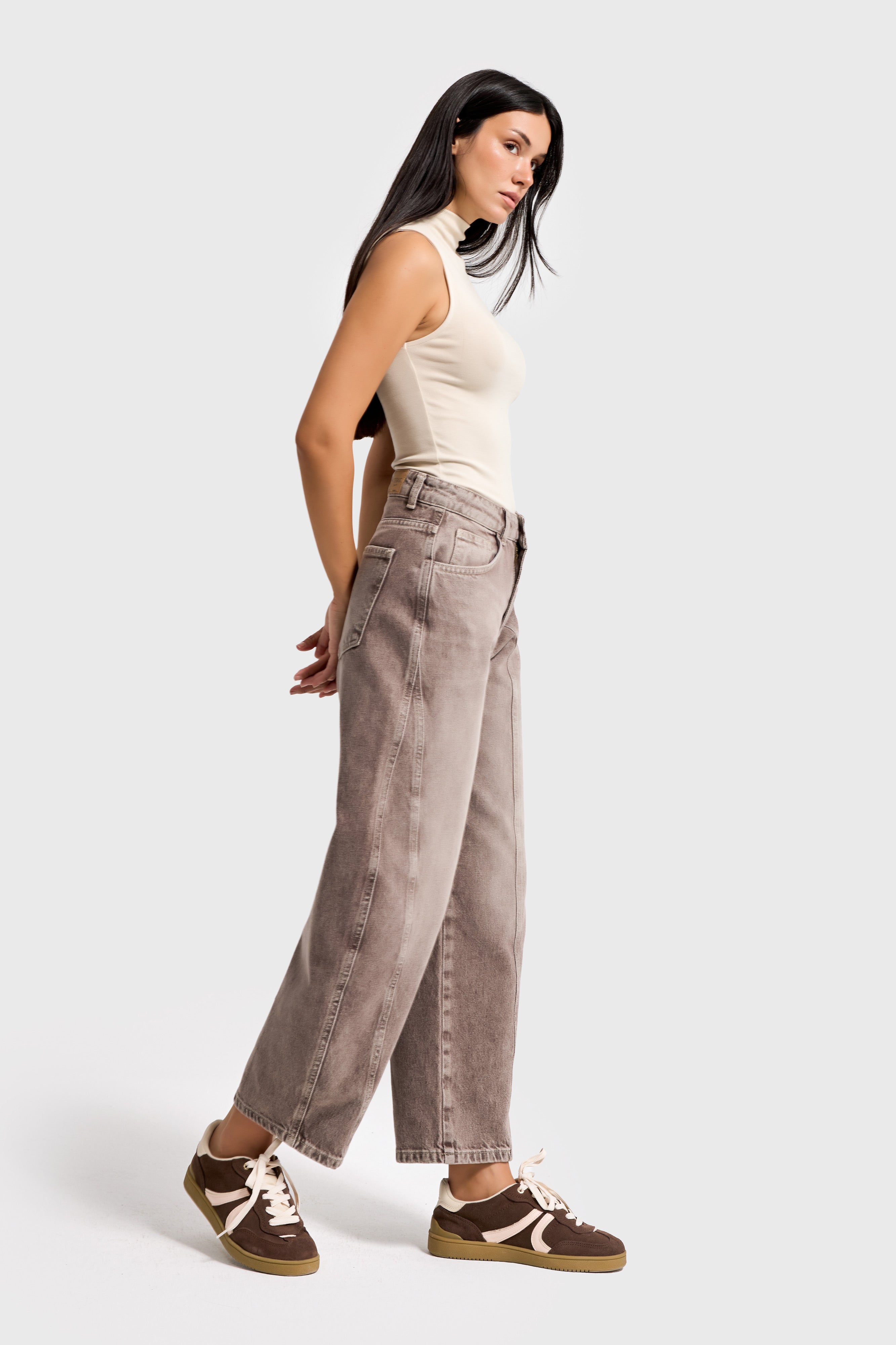 Kadın Taş Rengi 4s6-160 Barrel Fit Rahat Kesim %100 Koton Denim Jean