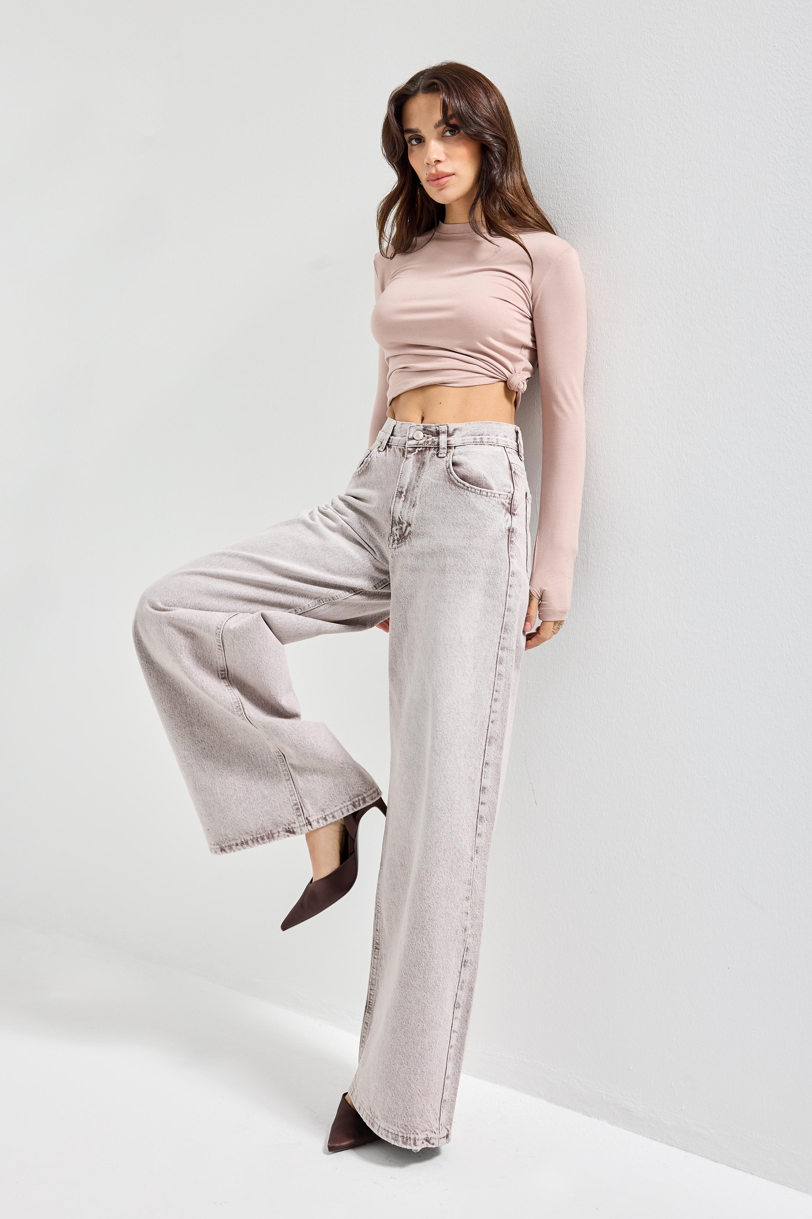 Kadın Taş Rengi Hera 4s6-158 Palazzo Fit %100 Koton Denim Jean