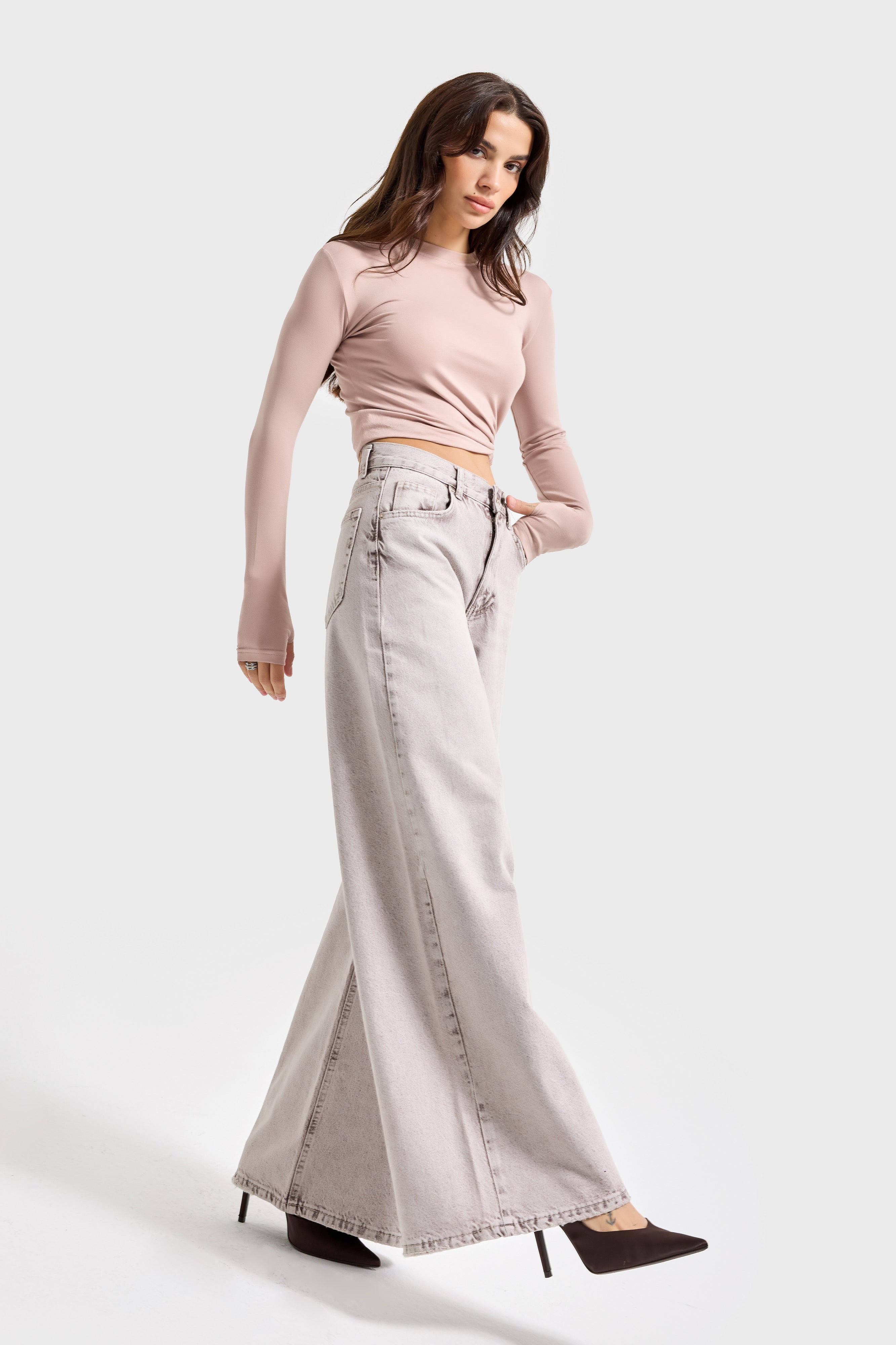 Kadın Taş Rengi Hera 4s6-158 Palazzo Fit %100 Koton Denim Jean