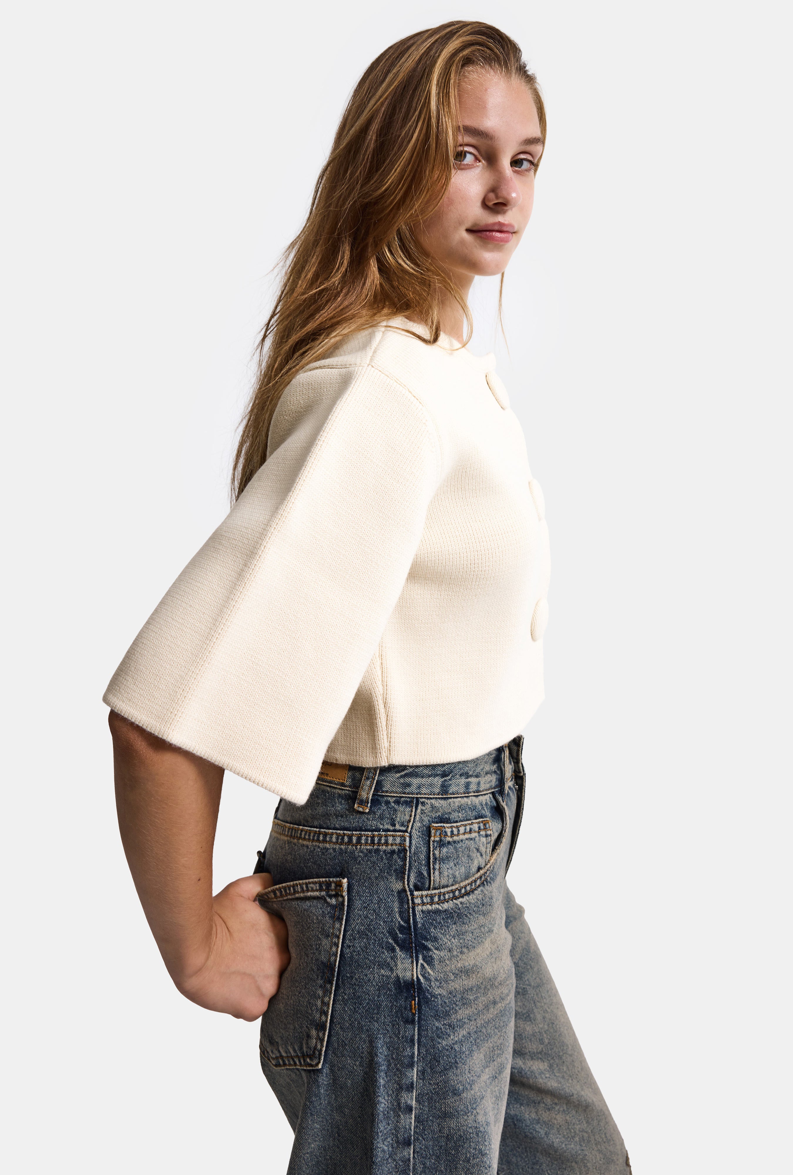 Kadın Taş Rengi w6-105 Büyük Düğmeli Kemer Boy Crop Cardigan Tasarım Triko Hırka