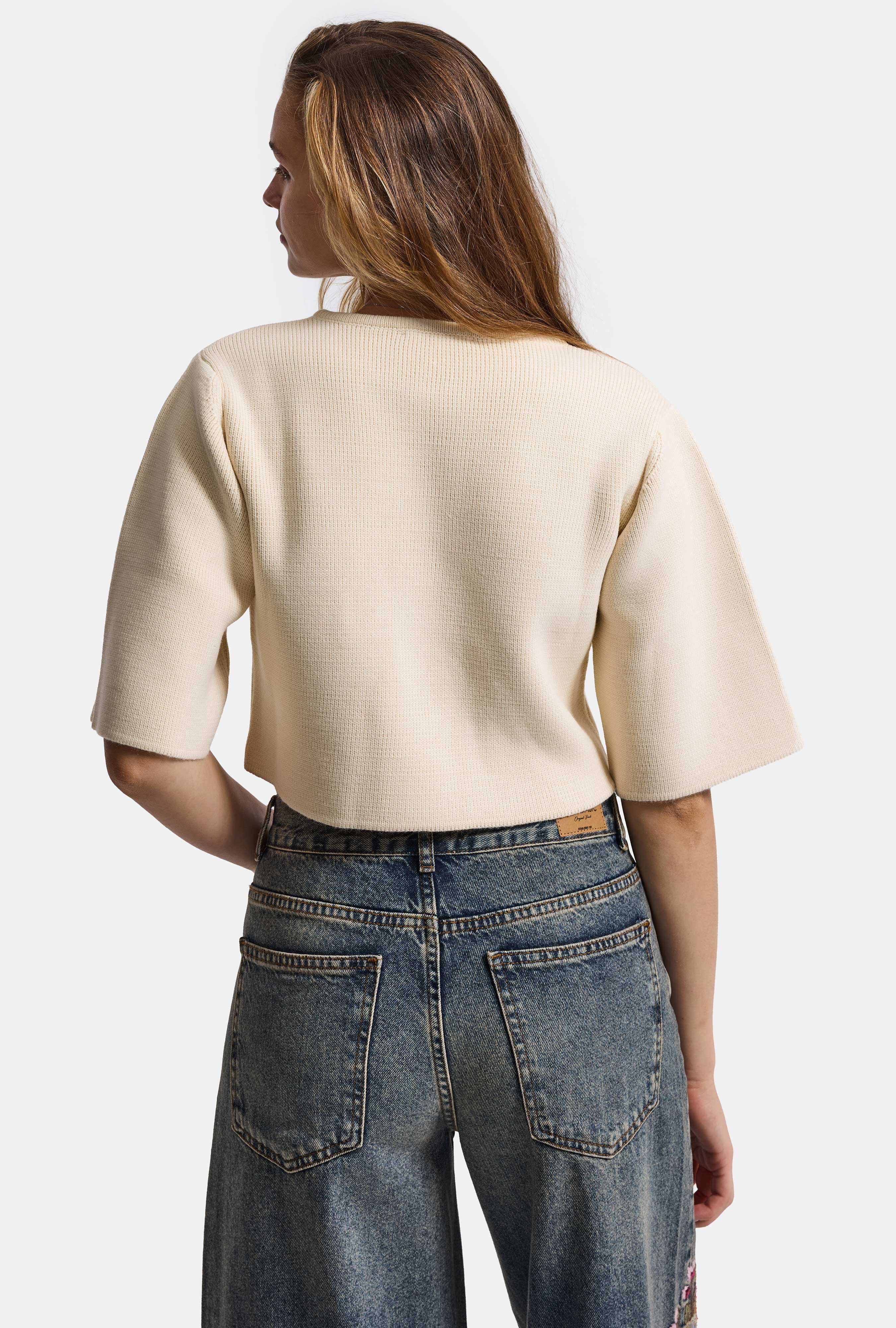 Kadın Taş Rengi w6-105 Büyük Düğmeli Kemer Boy Crop Cardigan Tasarım Triko Hırka