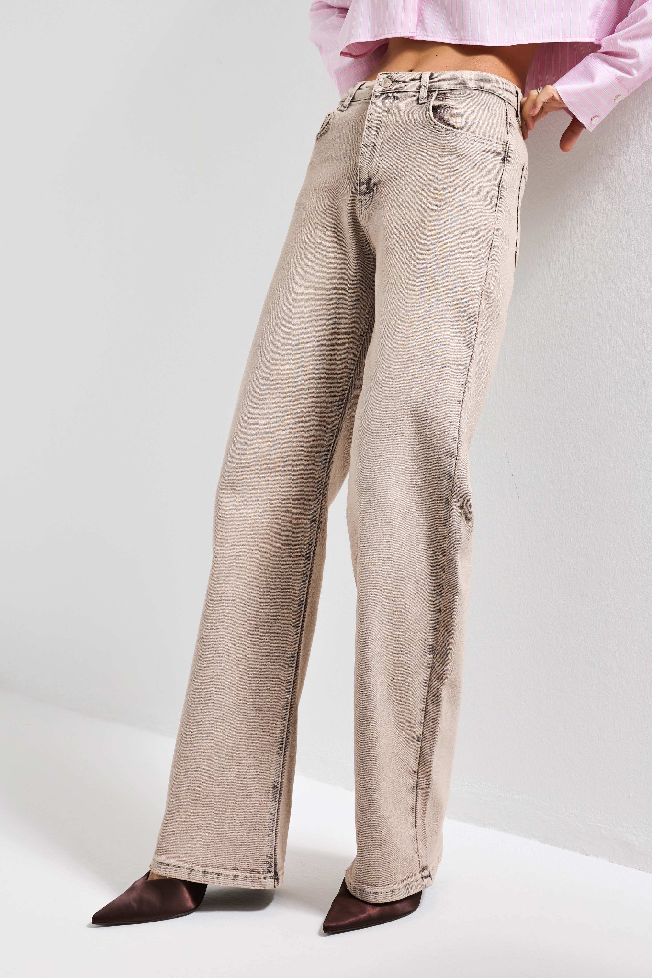 Kadın Taş Renk 4s6-167 Straight Fit Yüksek Bel Elastan Kumaş Denim Jean